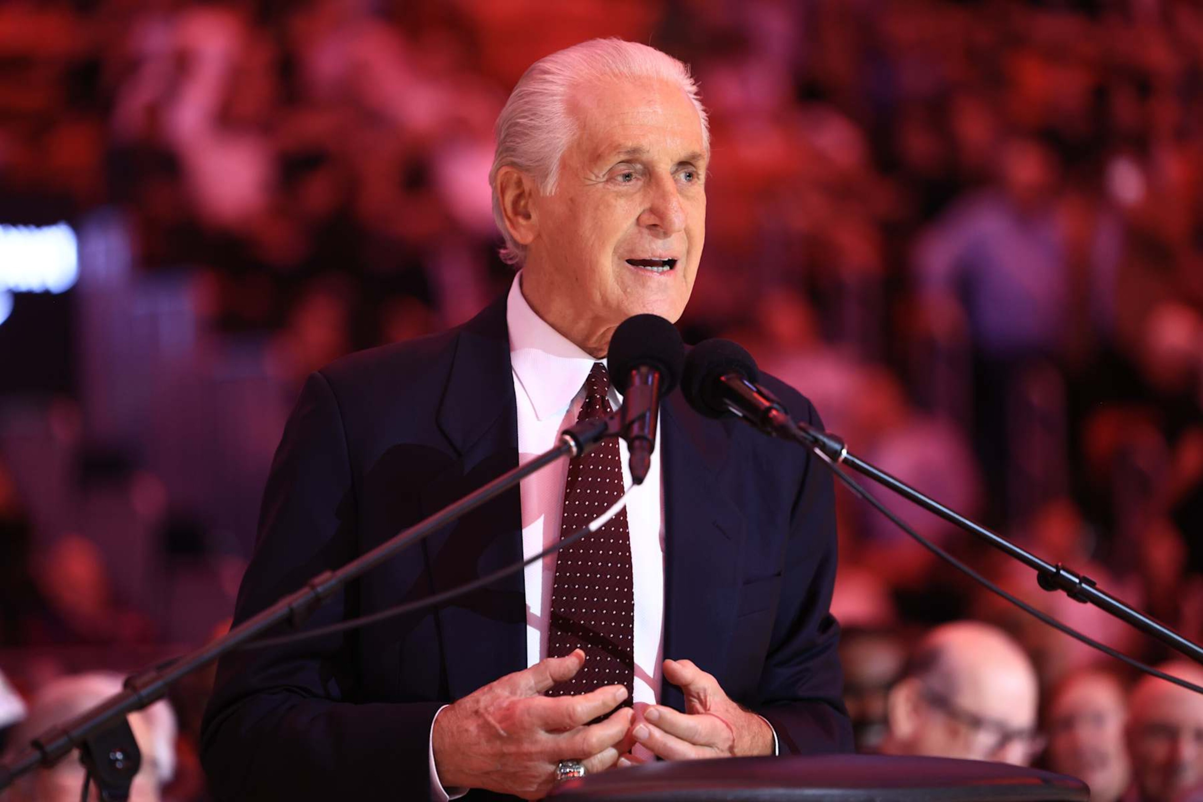 MIAMI, FLORIDA - OCTOBER 23: Pat Riley speaks during a ceremony celebrating his court dedication at Kaseya Center on October 23, 2024 in Miami, Florida. NOTE TO USER: User expressly acknowledges and agrees that, by downloading and or using this photograph, User is consenting to the terms and conditions of the Getty Images License Agreement. (Photo by Carmen Mandato/Getty Images)
