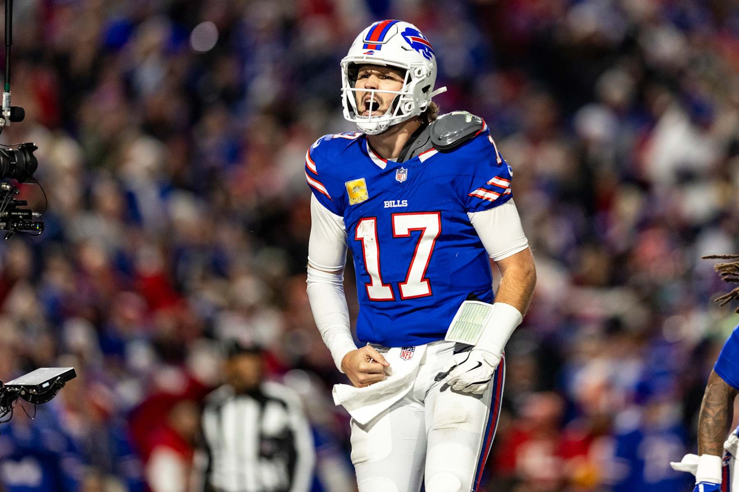 ORCHARD PARK, NEW YORK - NOVEMBER 17: Josh Allen #17 of the Buffalo Bills celebrates after scoring a touchdown in the fourth quarter of the game against the Kansas City Chiefs at Highmark Stadium on November 17, 2024 in Orchard Park, New York. The Bills beat the Chiefs 30-21. (Photo by Lauren Leigh Bacho/Getty Images)