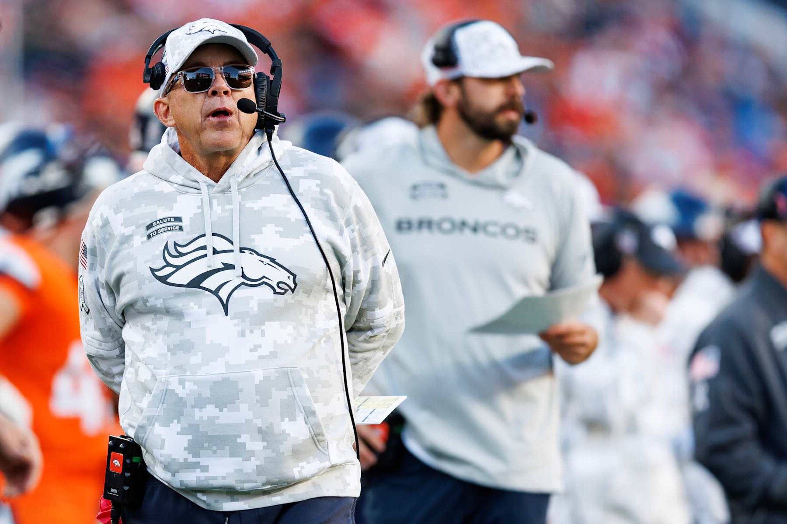 DENVER, COLORADO - NOVEMBER 17: Head coach Sean Payton of the Denver Broncos stands on the sidelines during the first half of an NFL football game against the Atlanta Falcons, at Empower Field at Mile High on November 17, 2024 in Denver, Colorado. (Photo by Brooke Sutton/Getty Images)
