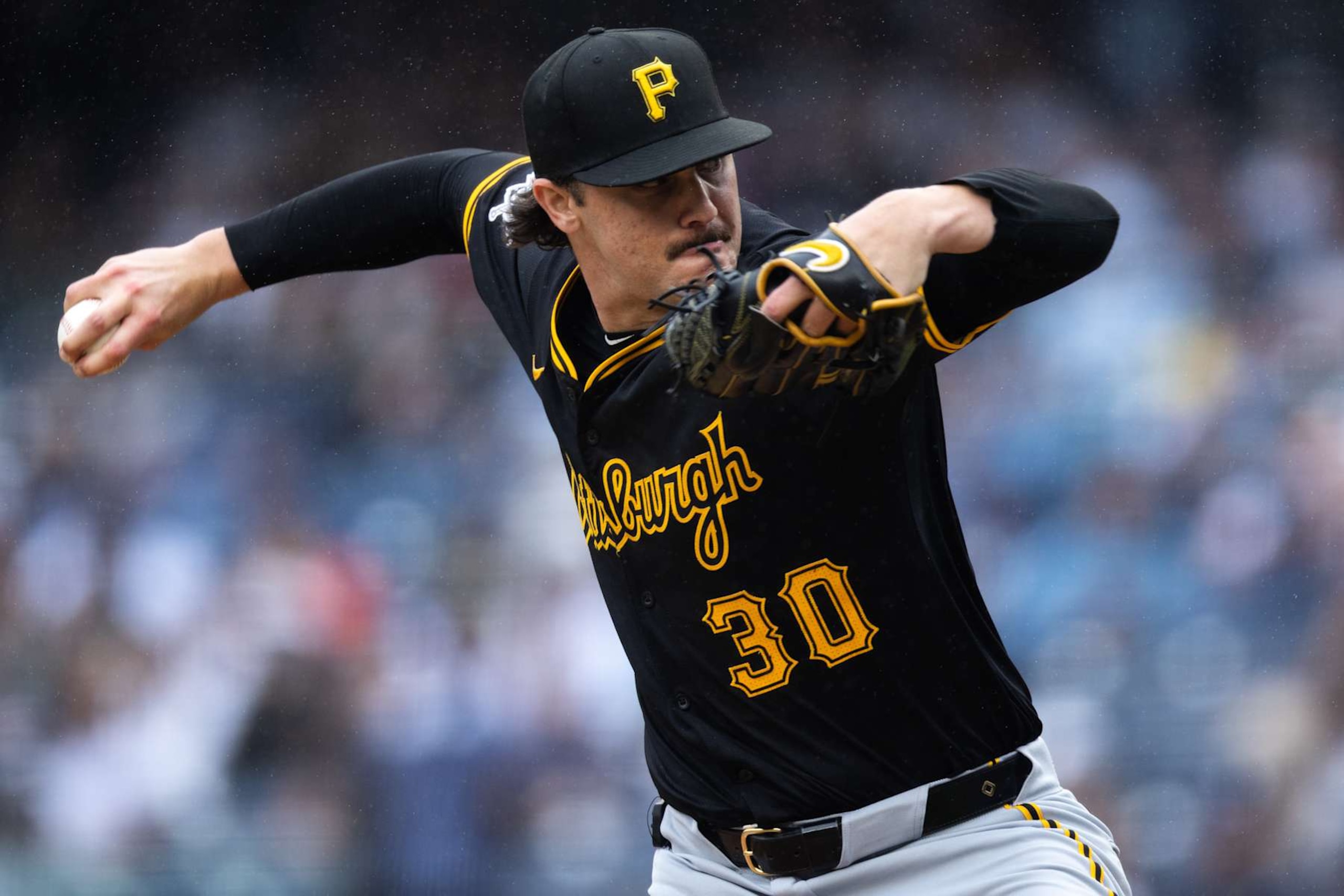 NEW YORK, NEW YORK - SEPTEMBER 28: Paul Skenes #30 of the Pittsburgh Pirates throws a pitch during the first inning of the game against the New York Yankees at Yankee Stadium on September 28, 2024 in New York City. (Photo by Dustin Satloff/Getty Images)