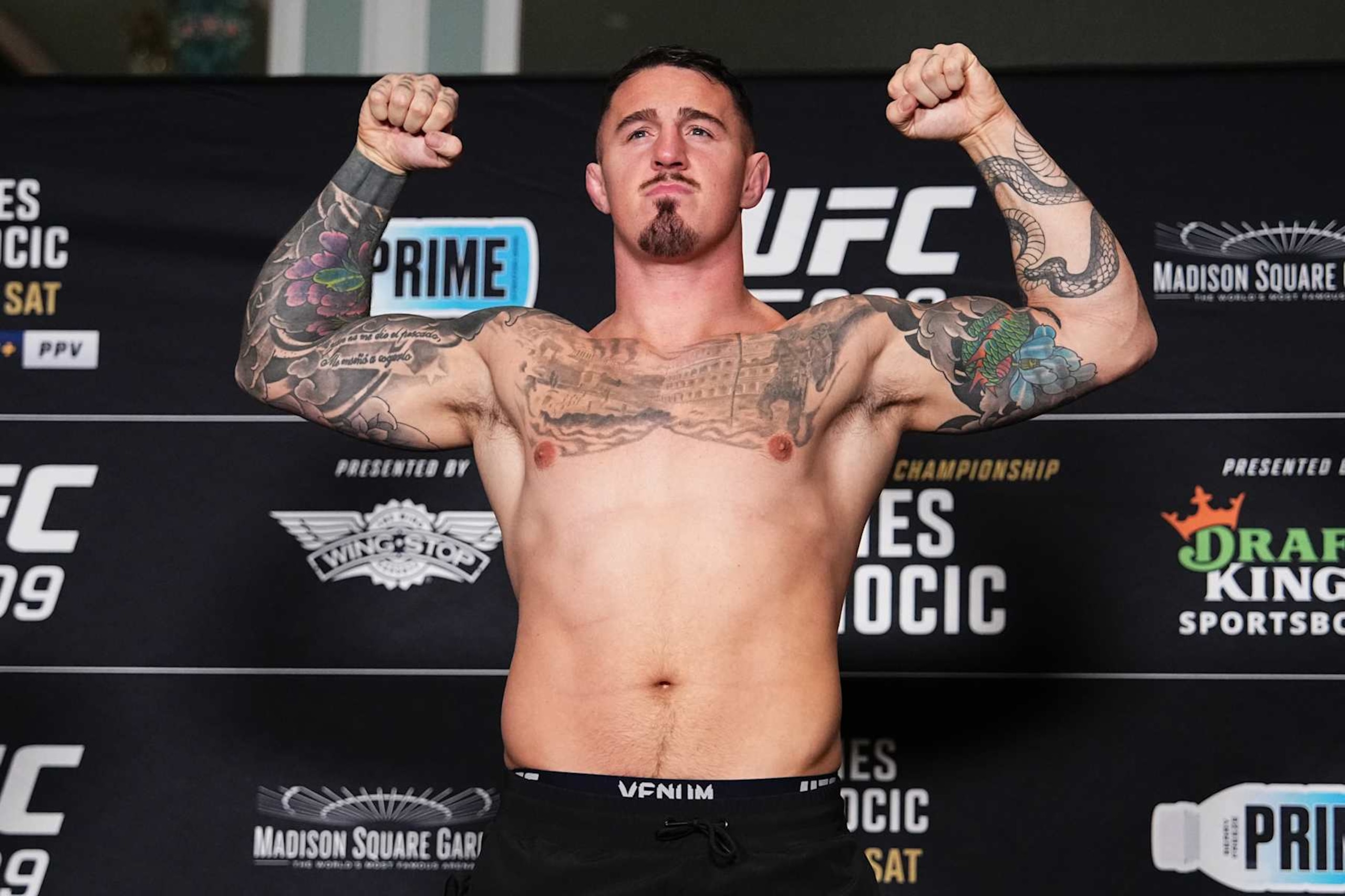 NEW YORK, NEW YORK - NOVEMBER 15: Tom Aspinall poses on the scale during the UFC 309 official weigh-in at the New York Hilton Midtown on November 15, 2024 in New York City. (Photo by Jeff Bottari/Zuffa LLC)