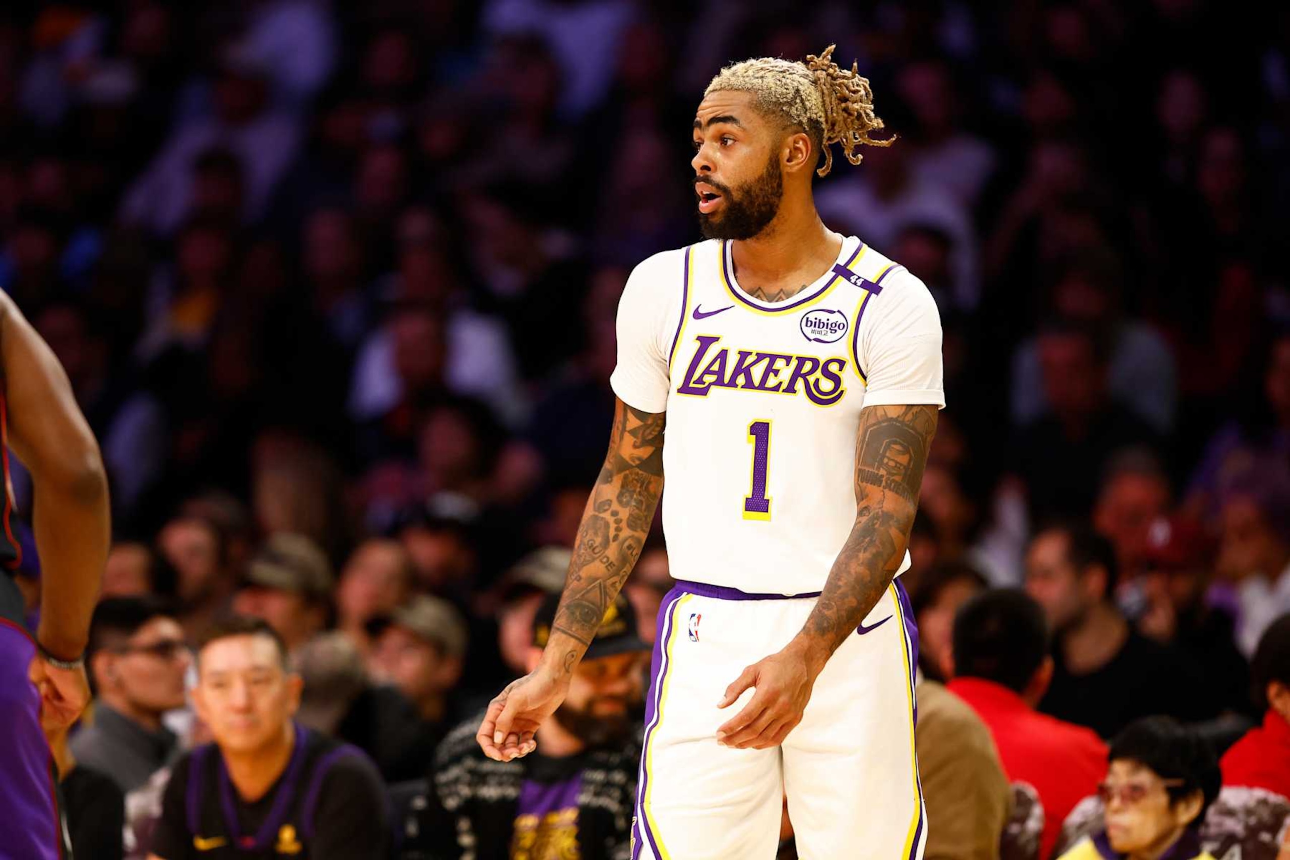 LOS ANGELES, CALIFORNIA - NOVEMBER 10: D'Angelo Russell #1 of the Los Angeles Lakers in the first half of play against the Toronto Raptors at Crypto.com Arena on November 10, 2024 in Los Angeles, California. NOTE TO USER: User expressly acknowledges and agrees that, by downloading and/or using this photograph, user is consenting to the terms and conditions of the Getty Images License Agreement. (Photo by Ronald Martinez/Getty Images) LOS ANGELES, CALIFORNIA - NOVEMBER 10: D'Angelo Russell #1 of the Los Angeles Lakers in the first half of play against the Toronto Raptors at Crypto.com Arena on November 10, 2024 in Los Angeles, California. NOTE TO USER: User expressly acknowledges and agrees that, by downloading and/or using this photograph, user is consenting to the terms and conditions of the Getty Images License Agreement. (Photo by Ronald Martinez/Getty Images)