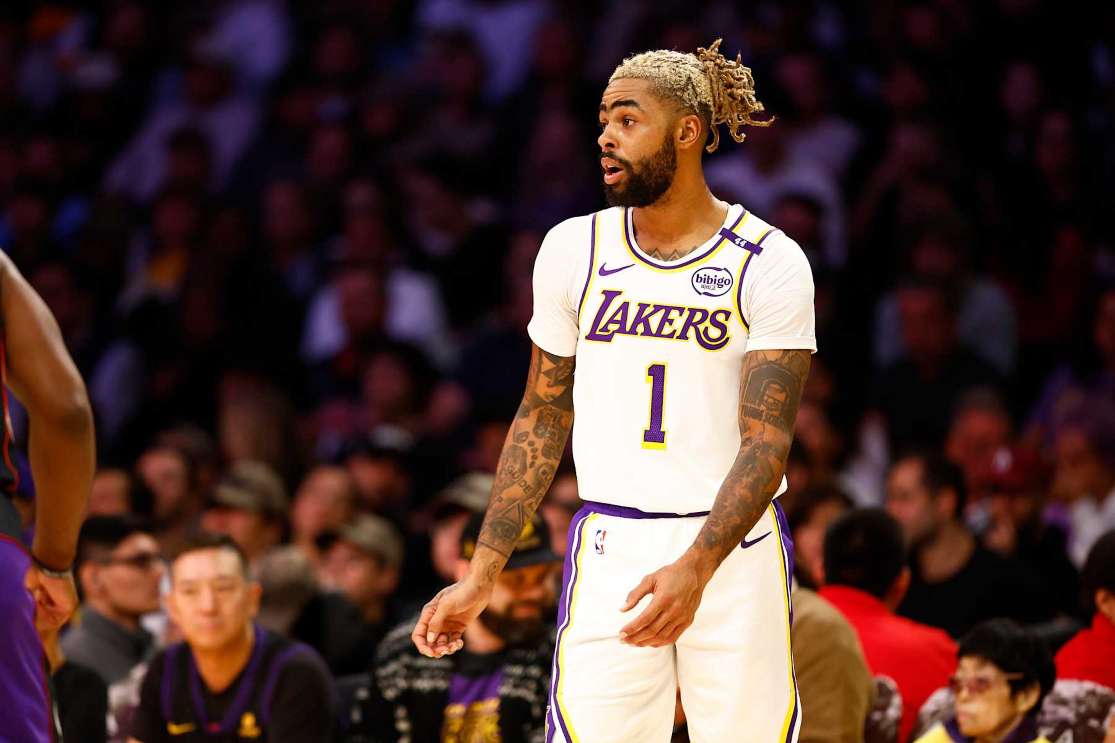 LOS ANGELES, CALIFORNIA - NOVEMBER 10: D'Angelo Russell #1 of the Los Angeles Lakers in the first half of play against the Toronto Raptors at Crypto.com Arena on November 10, 2024 in Los Angeles, California. NOTE TO USER: User expressly acknowledges and agrees that, by downloading and/or using this photograph, user is consenting to the terms and conditions of the Getty Images License Agreement. (Photo by Ronald Martinez/Getty Images) LOS ANGELES, CALIFORNIA - NOVEMBER 10: D'Angelo Russell #1 of the Los Angeles Lakers in the first half of play against the Toronto Raptors at Crypto.com Arena on November 10, 2024 in Los Angeles, California. NOTE TO USER: User expressly acknowledges and agrees that, by downloading and/or using this photograph, user is consenting to the terms and conditions of the Getty Images License Agreement. (Photo by Ronald Martinez/Getty Images)