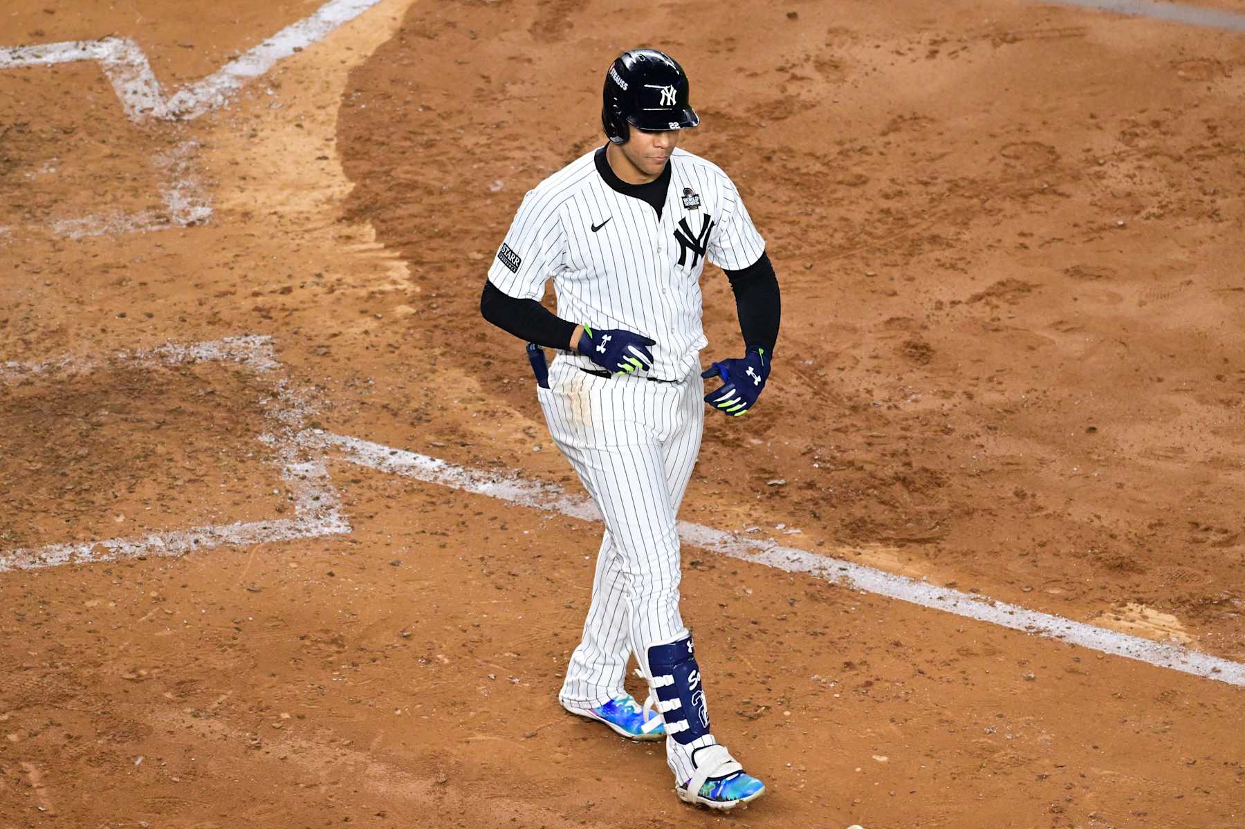 NEW YORK, NY - OCTOBER 30:   Juan Soto #22 of the New York Yankees walks in the sixth inning during Game 5 of the 2024 World Series presented by Capital One between the Los Angeles Dodgers and the New York Yankees at Yankee Stadium on Wednesday, October 30, 2024 in New York, New York. (Photo by Mike Lawrence/MLB Photos via Getty Images)