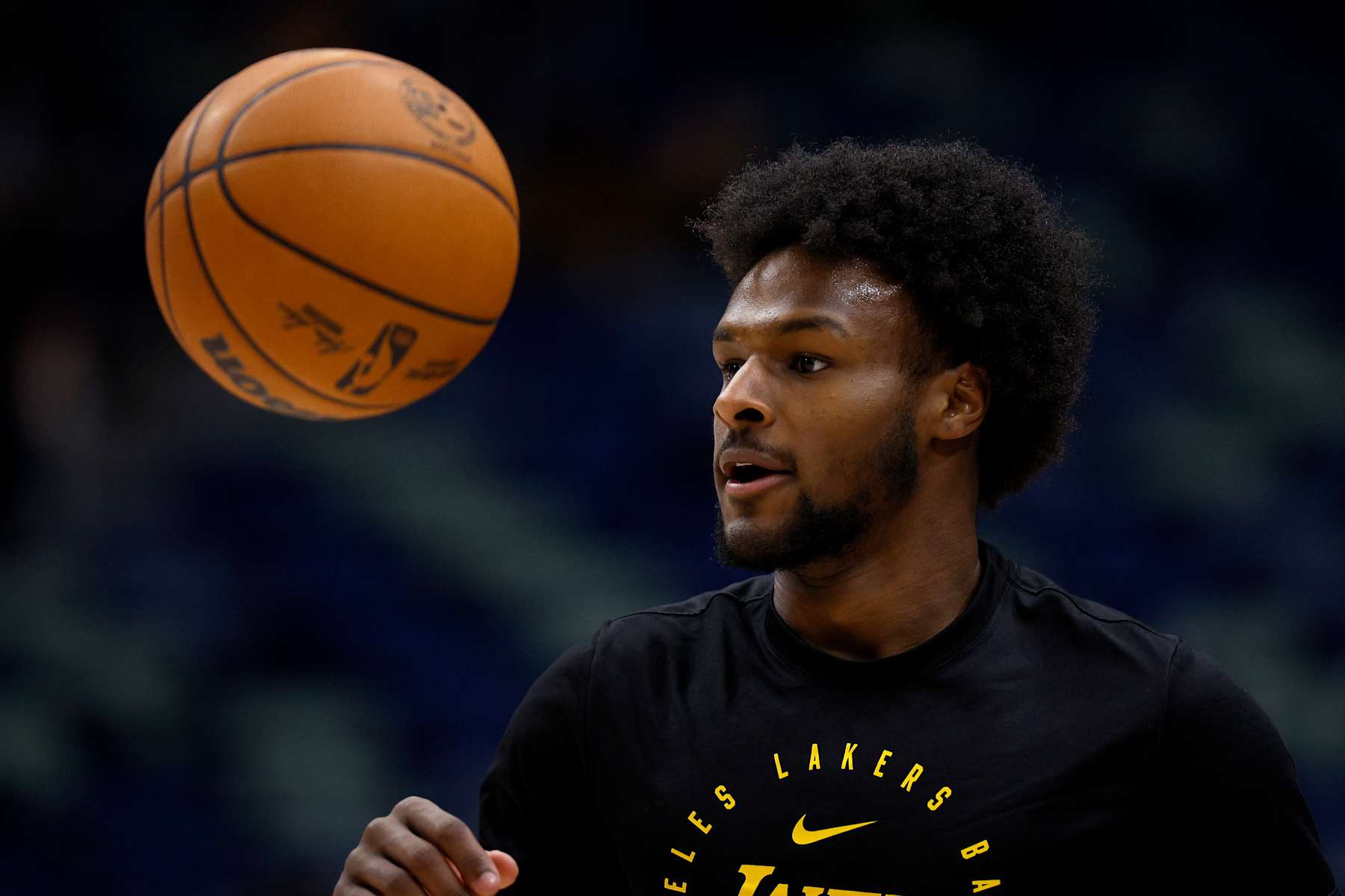 NEW ORLEANS, LOUISIANA - NOVEMBER 16: Bronny James #9 of the Los Angeles Lakers warms up prior to the start of an NBA game against the New Orleans Pelicans at Smoothie King Center on November 16, 2024 in New Orleans, Louisiana. NOTE TO USER: User expressly acknowledges and agrees that, by downloading and or using this photograph, User is consenting to the terms and conditions of the Getty Images License Agreement. (Photo by Sean Gardner/Getty Images)
