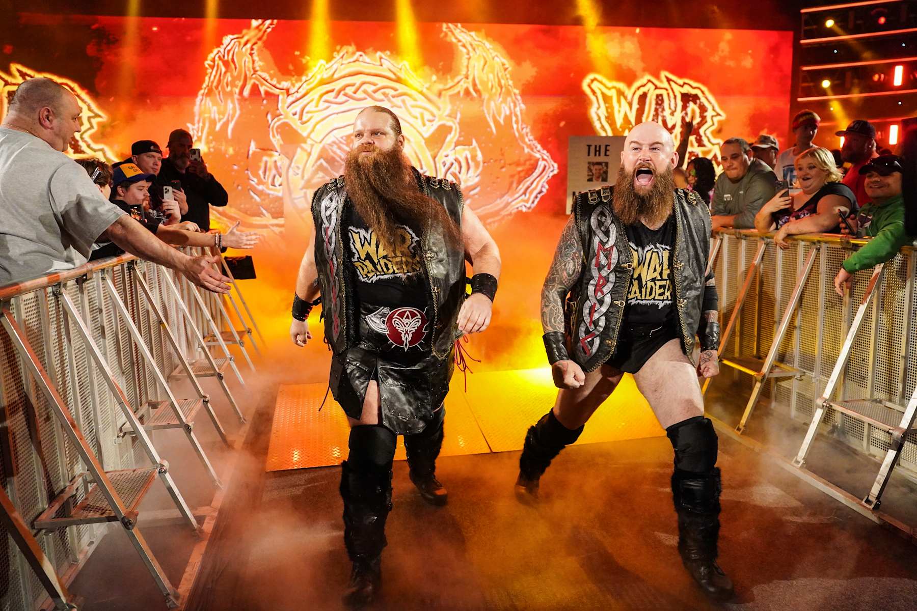 HERSHEY, PENNSYLVANIA - OCTOBER 28: Ivar and Erik of The War Raiders make their way to the ring during Monday Night RAW at Giant Center on October 28, 2024 in Hershey, Pennsylvania.  (Photo by WWE/Getty Images)