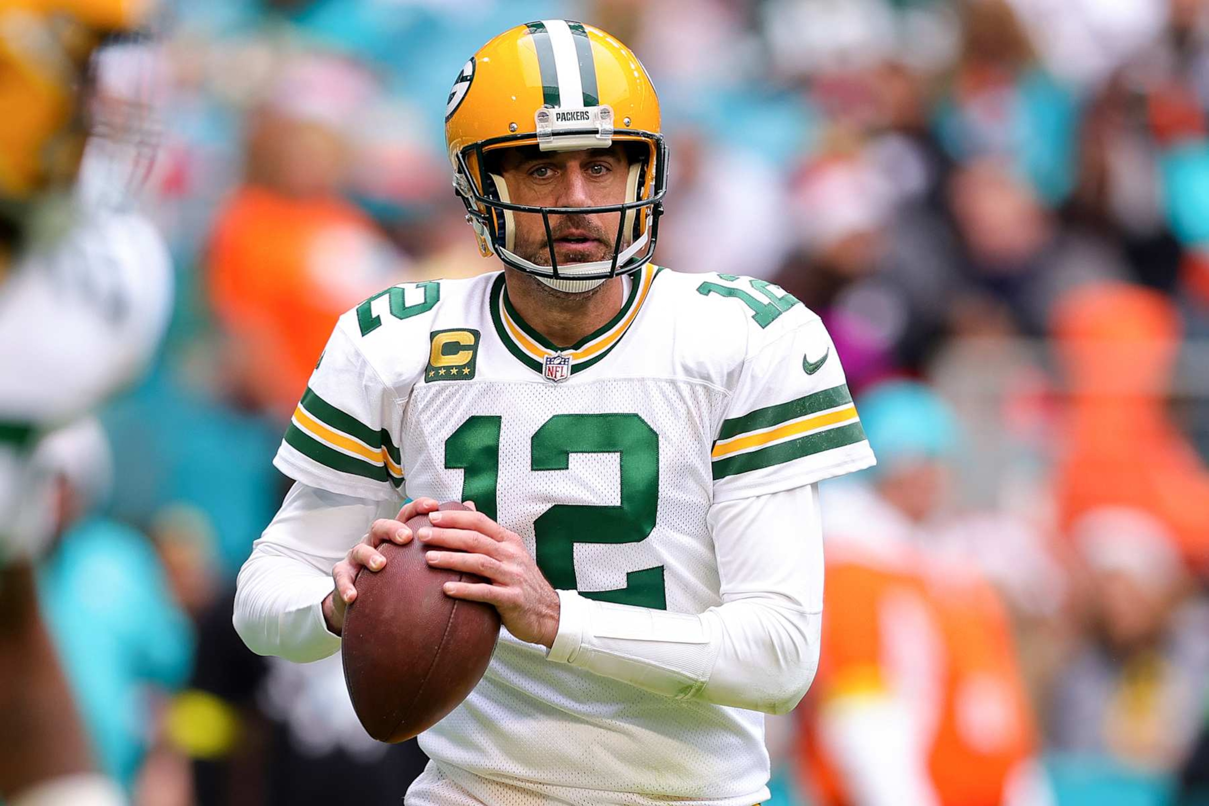 MIAMI GARDENS, FLORIDA - DECEMBER 25: Aaron Rodgers #12 of the Green Bay Packers throws a pass against the Miami Dolphins during the second quarter of the game at Hard Rock Stadium on December 25, 2022 in Miami Gardens, Florida. (Photo by Megan Briggs/Getty Images) MIAMI GARDENS, FLORIDA - DECEMBER 25: Aaron Rodgers #12 of the Green Bay Packers throws a pass against the Miami Dolphins during the second quarter of the game at Hard Rock Stadium on December 25, 2022 in Miami Gardens, Florida. (Photo by Megan Briggs/Getty Images)