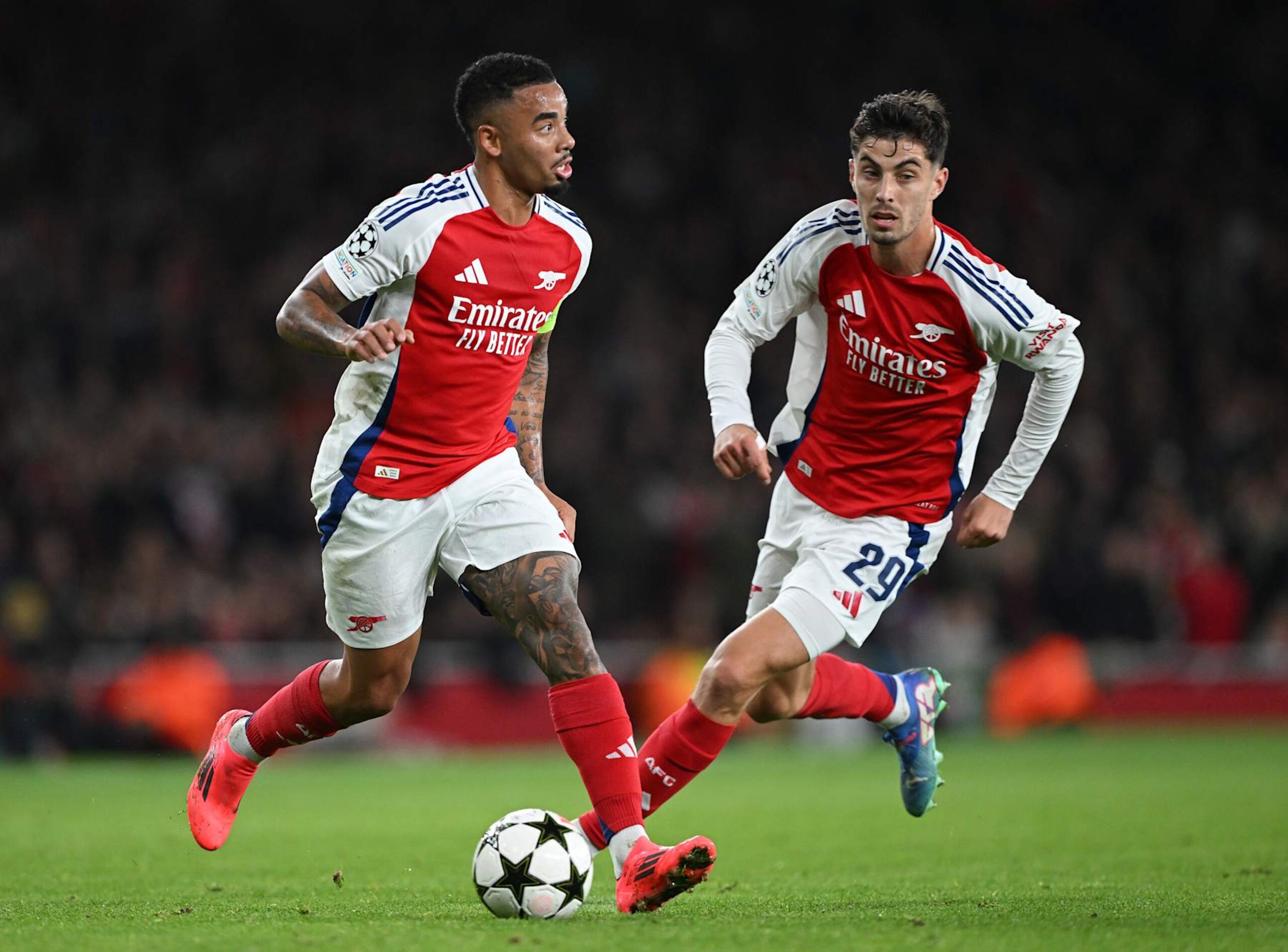 LONDON, ENGLAND - OCTOBER 22:  Gabriel Jesus of Arsenal runs with the ball as Kai Havertz looks on during the UEFA Champions League 2024/25 League Phase MD3 match between Arsenal FC and FC Shakhtar Donetsk at Emirates Stadium on October 22, 2024 in London, England. (Photo by Shaun Botterill/Getty Images)