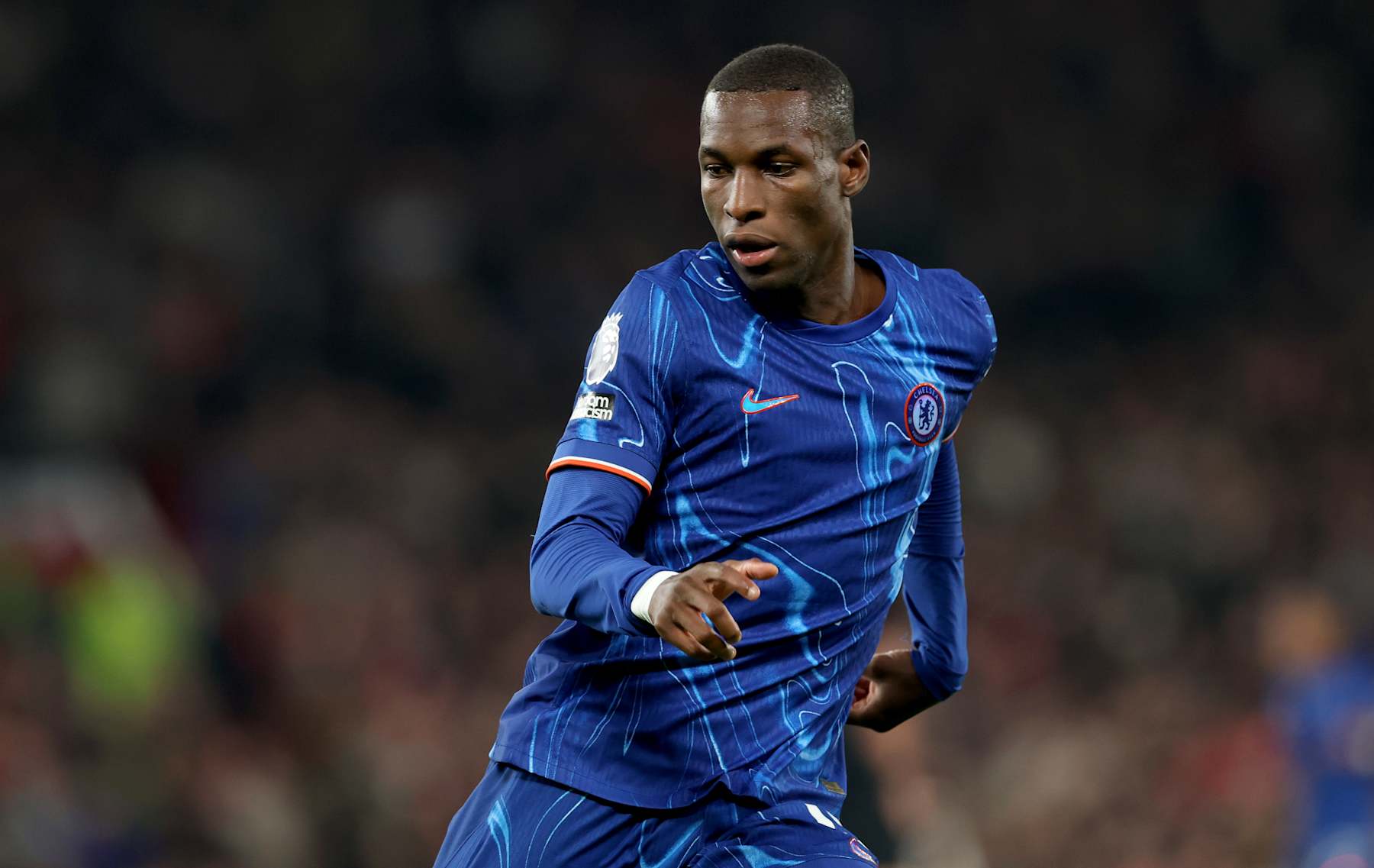 MANCHESTER, ENGLAND - NOVEMBER 03:  Chelsea's Nicolas Jackson during the Premier League match between Manchester United FC and Chelsea FC at Old Trafford on November 03, 2024 in Manchester, England. (Photo by Carl Recine/Getty Images)