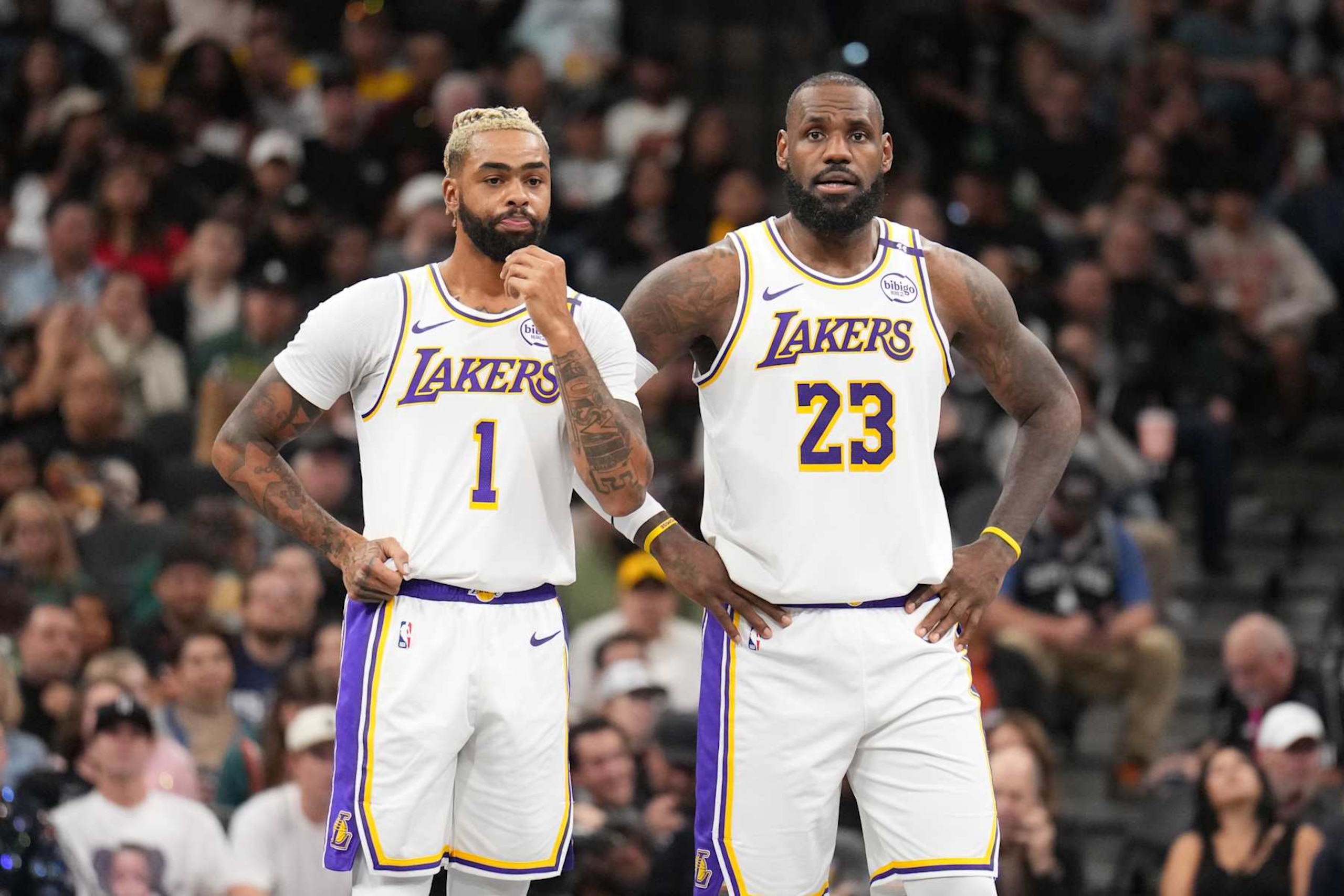 SAN ANTONIO, TX - NOVEMBER 15: D'Angelo Russell #1 and LeBron James #23 of the Los Angeles Lakers during the game against the San Antonio Spurs during the Emirates NBA Cup game on November 15, 2024 at the Frost Bank Center in San Antonio, Texas. NOTE TO USER: User expressly acknowledges and agrees that, by downloading and or using this photograph, user is consenting to the terms and conditions of the Getty Images License Agreement. Mandatory Copyright Notice: Copyright 2024 NBAE (Photos by Jesse D. Garrabrant/NBAE via Getty Images)