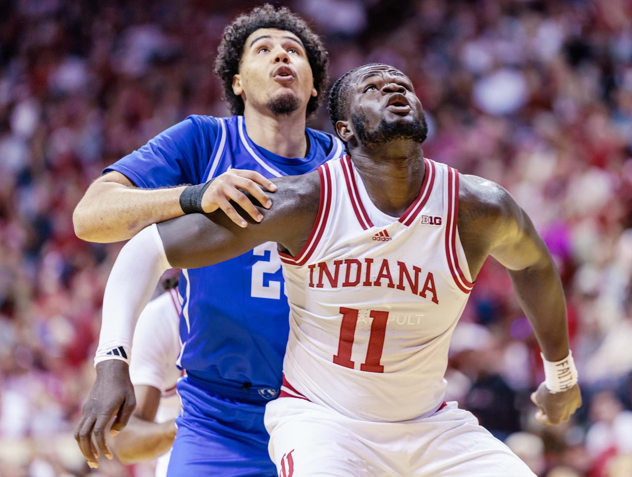BLOOMINGTON, INDIANA - NOVEMBER 10: Oumar Ballo #11 of the Indiana Hoosiers blocks out against Rodolfo Bolis #23 of the Eastern Illinois Panthers at Simon Skjodt Assembly Hall on November 10, 2024 in Bloomington, Indiana. (Photo by Michael Hickey/Getty Images)