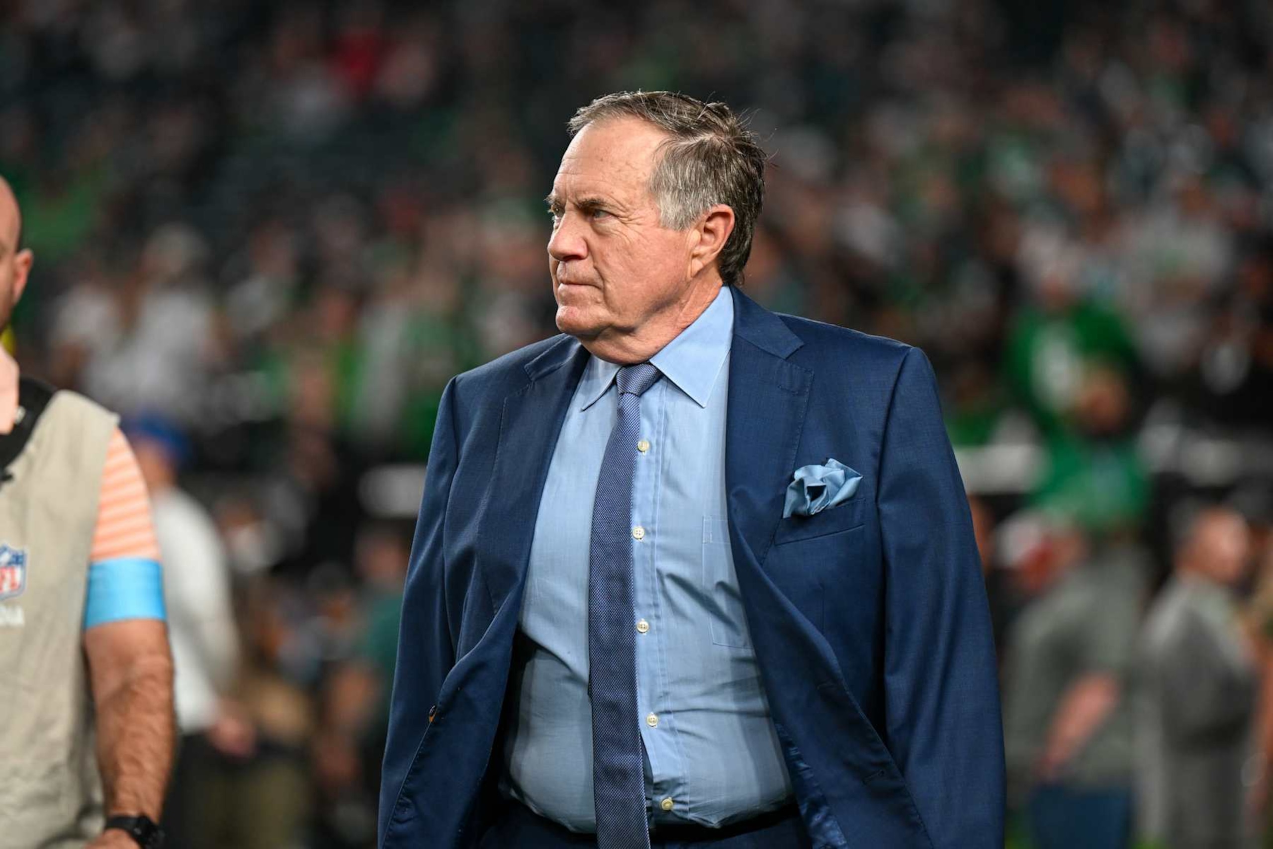 PHILADELPHIA, PA - SEPTEMBER 16: Coaching legend Bill Belichick before the game between the Philadelphia Eagles and the Atlanta Falcons on September 16th, 2024 at Lincoln Financial Field in Philadelphia, PA. (Photo by Terence Lewis/Icon Sportswire via Getty Images) PHILADELPHIA, PA - SEPTEMBER 16: Coaching legend Bill Belichick before the game between the Philadelphia Eagles and the Atlanta Falcons on September 16th, 2024 at Lincoln Financial Field in Philadelphia, PA. (Photo by Terence Lewis/Icon Sportswire via Getty Images)