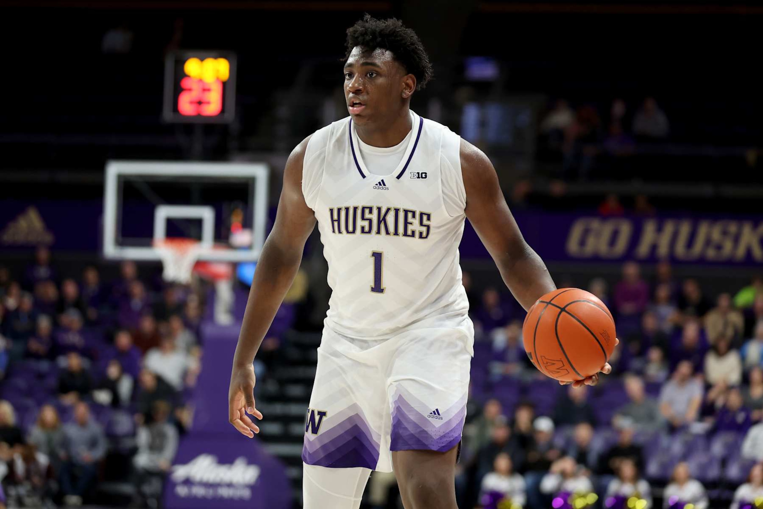SEATTLE, WASHINGTON - NOVEMBER 13: Great Osobor #1 of the Washington Huskies dribbles against Seattle Pacific University at Alaska Airlines Arena on November 13, 2024 in Seattle, Washington. (Photo by Steph Chambers/Getty Images)