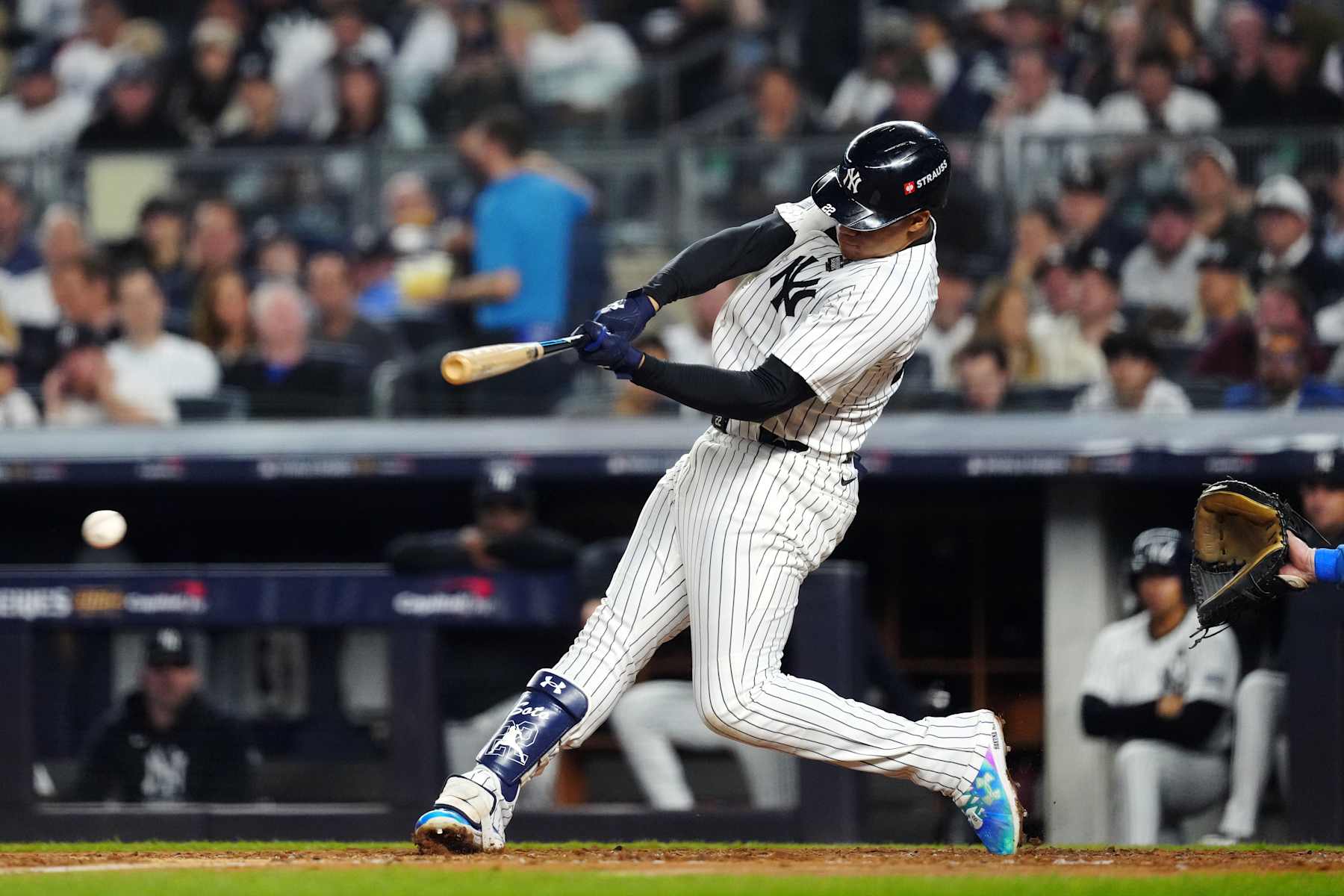 NEW YORK, NY - OCTOBER 30: Juan Soto #22 of the New York Yankees hits a single in the fourth inning during Game 5 of the 2024 World Series presented by Capital One between the Los Angeles Dodgers and the New York Yankees at Yankee Stadium on Wednesday, October 30, 2024 in New York, New York. (Photo by Daniel Shirey/MLB Photos via Getty Images)