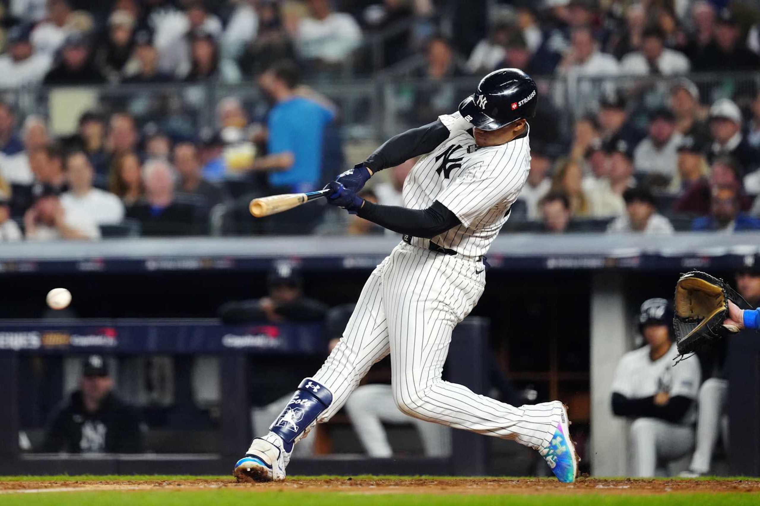 NEW YORK, NY - OCTOBER 30: Juan Soto #22 of the New York Yankees hits a single in the fourth inning during Game 5 of the 2024 World Series presented by Capital One between the Los Angeles Dodgers and the New York Yankees at Yankee Stadium on Wednesday, October 30, 2024 in New York, New York. (Photo by Daniel Shirey/MLB Photos via Getty Images)