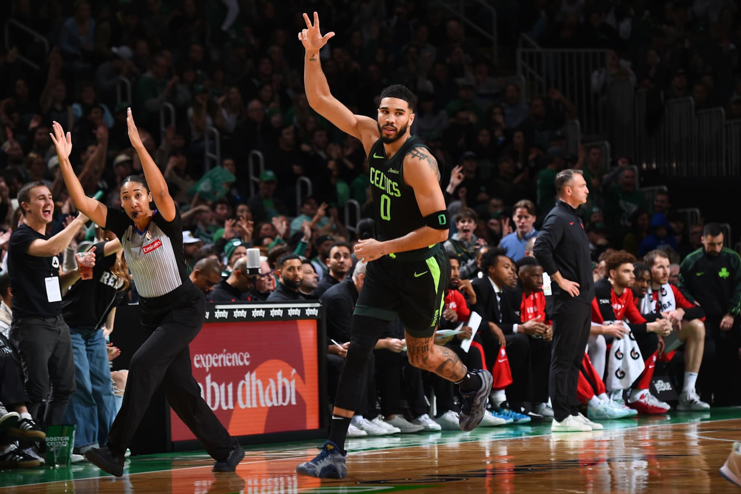 BOSTON, MA - NOVEMBER 16: Jayson Tatum #0 of the Boston Celtics celebrates during the game against the Toronto Raptors on November 16, 2024 at TD Garden in Boston, Massachusetts. NOTE TO USER: User expressly acknowledges and agrees that, by downloading and/or using this Photograph, user is consenting to the terms and conditions of the Getty Images License Agreement. Mandatory Copyright Notice: Copyright 2024 NBAE (Photo by Brian Babineau/NBAE via Getty Images)