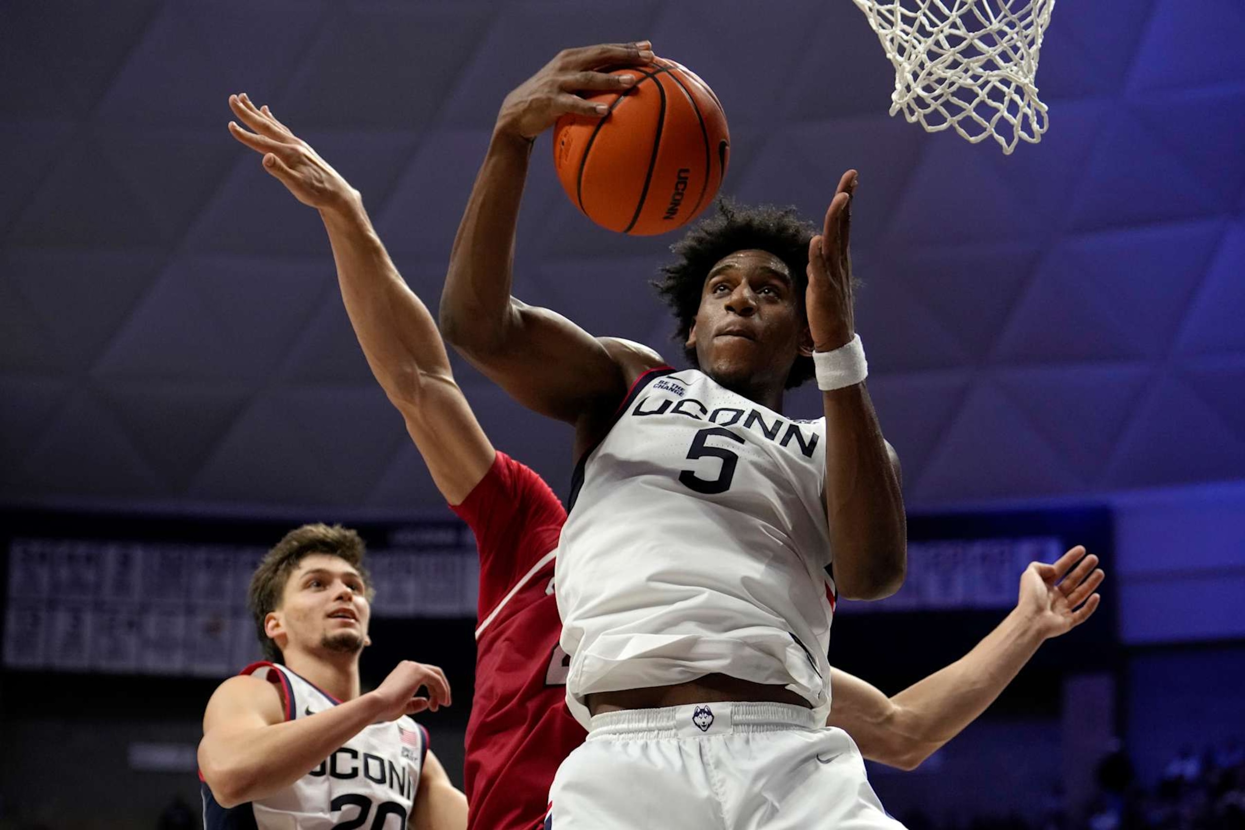 STORRS, CONNECTICUT - NOVEMBER 6: Tarris Reed Jr. #5 of the Connecticut Huskies gets the rebound against the Sacred Heart Pioneers during the second half of an NCAA basketball game at the Harry A. Gampel Pavilion on November 6, 2024 in Storrs, Connecticut. The Huskies defeated the Pioneers 92-56. (Photo by Joe Buglewicz/Getty Images)