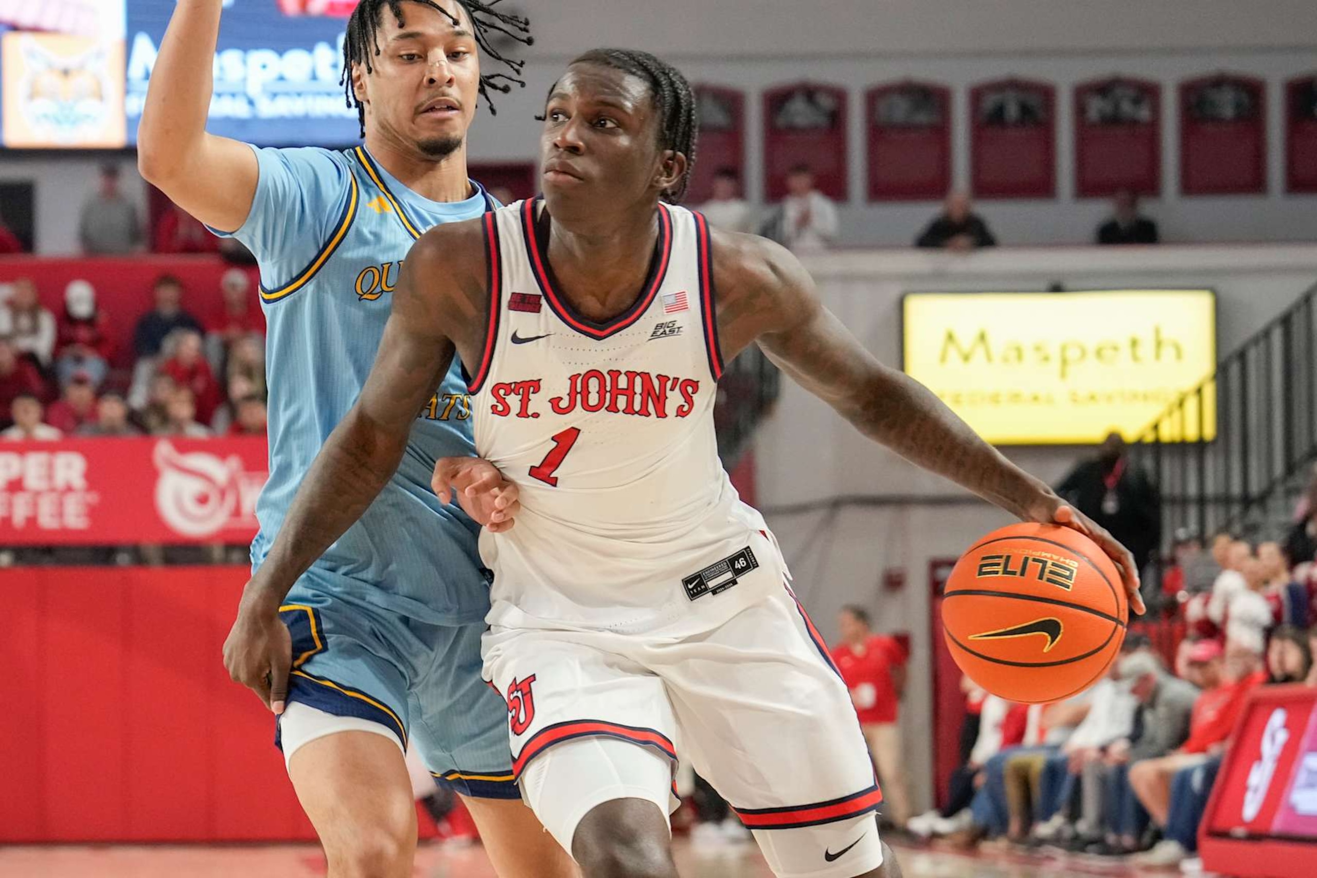 NEW YORK, NY - NOVEMBER 9:  Kadary Richmond #1 of the St. John's Red Storm dribbles the ball during the second half of a college basketball game against the Quinnipiac Bobcats at Carnesecca Arena on November 9, 2024 in the Queens borough of New York City.  (Photo by Porter Binks/Getty Images)