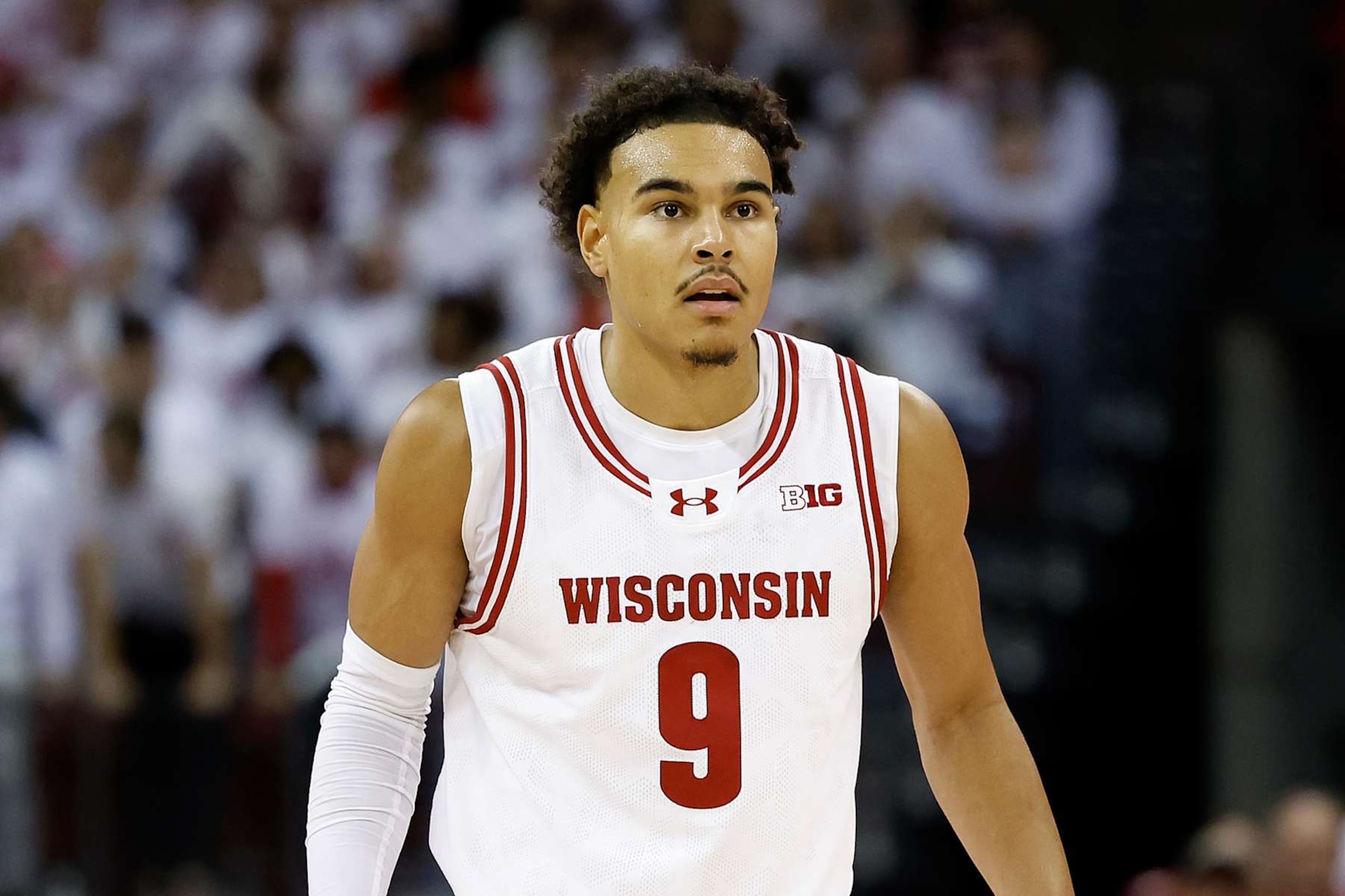 MADISON, WISCONSIN - NOVEMBER 15: John Tonje #9 of the Wisconsin Badgers in the second half of the game against the Arizona Wildcats at Kohl Center on November 15, 2024 in Madison, Wisconsin. (Photo by John Fisher/Getty Images)