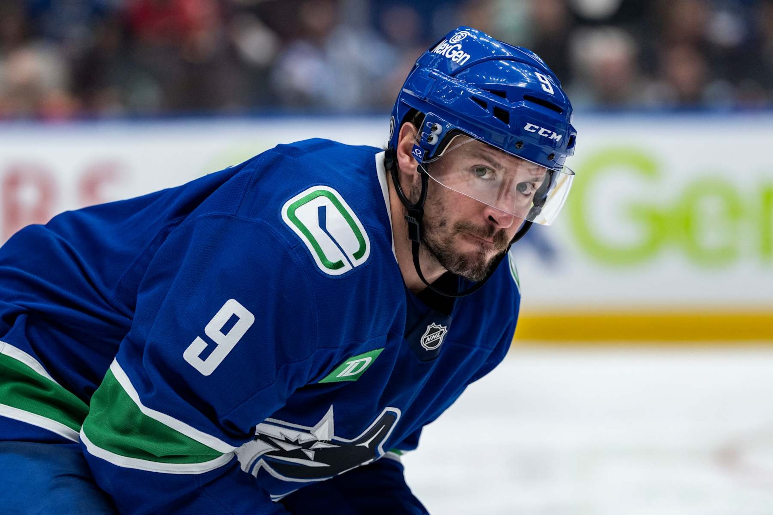 VANCOUVER, BC - NOVEMBER 12: Vancouver Canucks center J.T. Miller (9) waits for a face off during the third period of an NHL game between the Calgary Flames and the Vancouver Canucks on Tuesday, November 12, 2024 at Rogers Arena in Vancouver, B.C. (Photo by Ethan Cairns/Icon Sportswire via Getty Images)