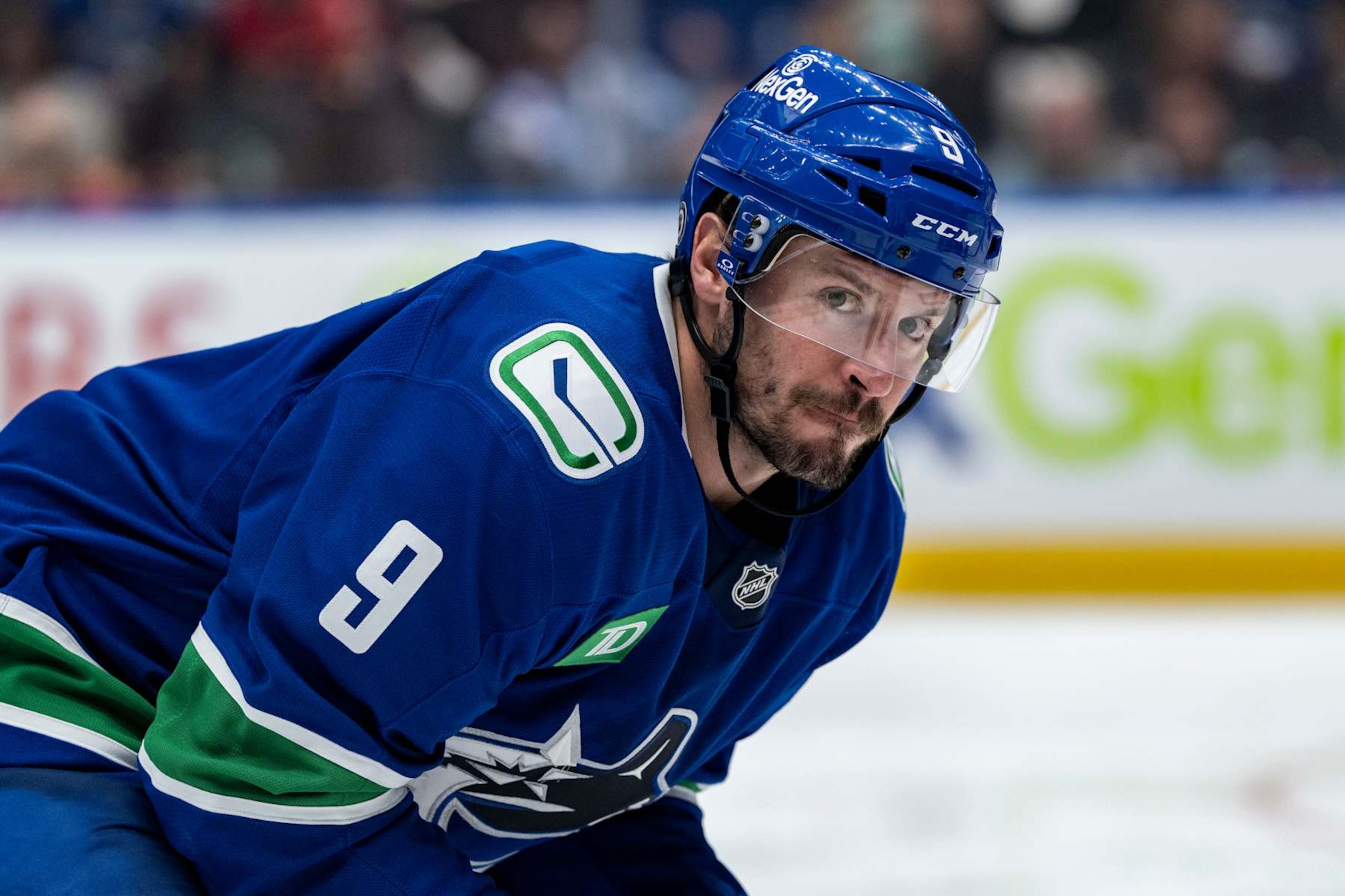 VANCOUVER, BC - NOVEMBER 12: Vancouver Canucks center J.T. Miller (9) waits for a face off during the third period of an NHL game between the Calgary Flames and the Vancouver Canucks on Tuesday, November 12, 2024 at Rogers Arena in Vancouver, B.C. (Photo by Ethan Cairns/Icon Sportswire via Getty Images)