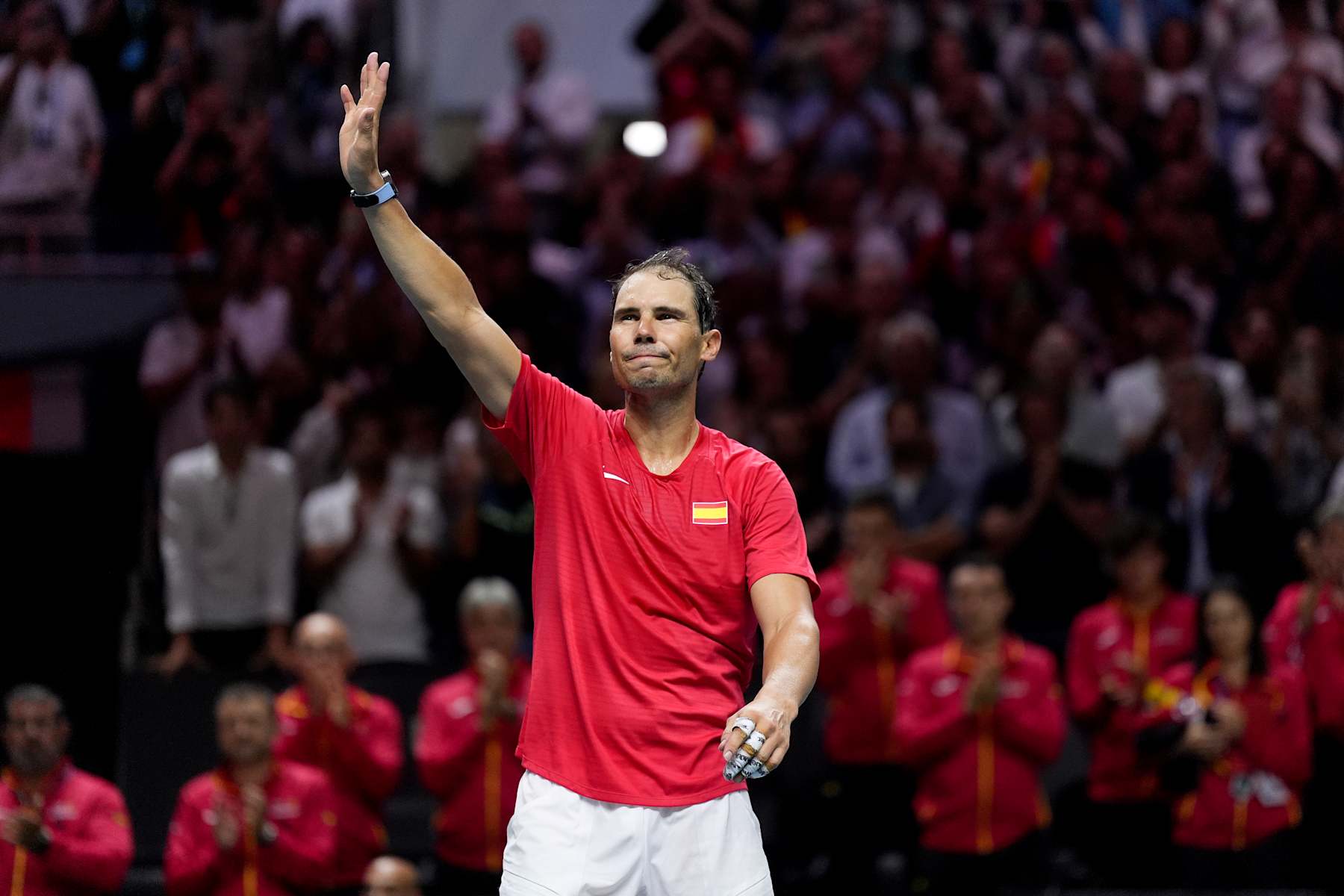 MALAGA, SPAIN - NOVEMBER 19: Rafael Nadal of Team Spain waves to the fans after loosing his singles match against Botic van de Zandschulp of Team Netherlands in the quarterfinal tie between Netherlands and Spain during the Davis Cup Finals at Palacio de Deportes Jose Maria Martin Carpena on November 19, 2024 in Malaga, Spain. (Photo by Angel Martinez/Getty Images for ITF)