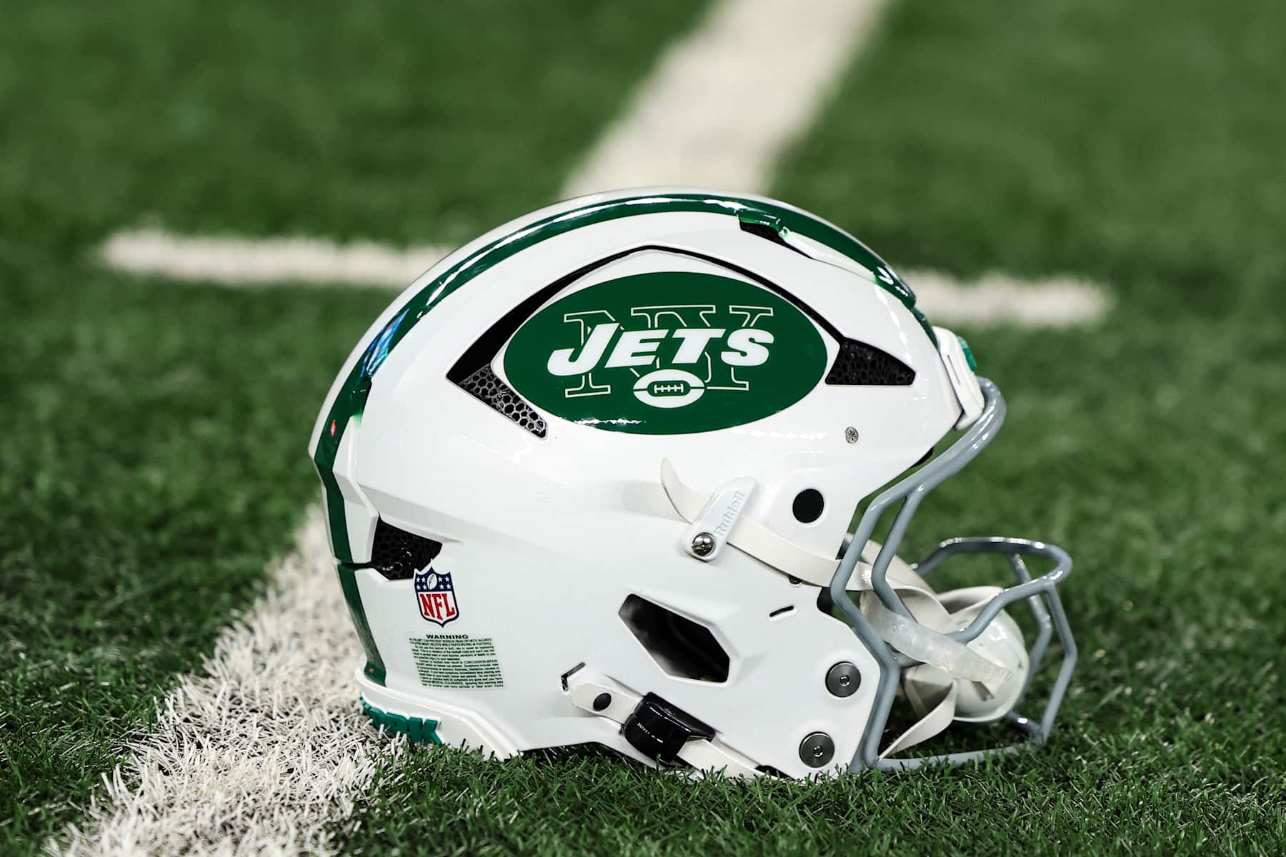 EAST RUTHERFORD, NJ - OCTOBER 14:  Detail view of an New York Jets helmet prior to an NFL football game between the Buffalo Bills and the New York Jets at MetLife Stadium on October 14, 2024 in East Rutherford, NJ. (Photo by Perry Knotts/Getty Images)