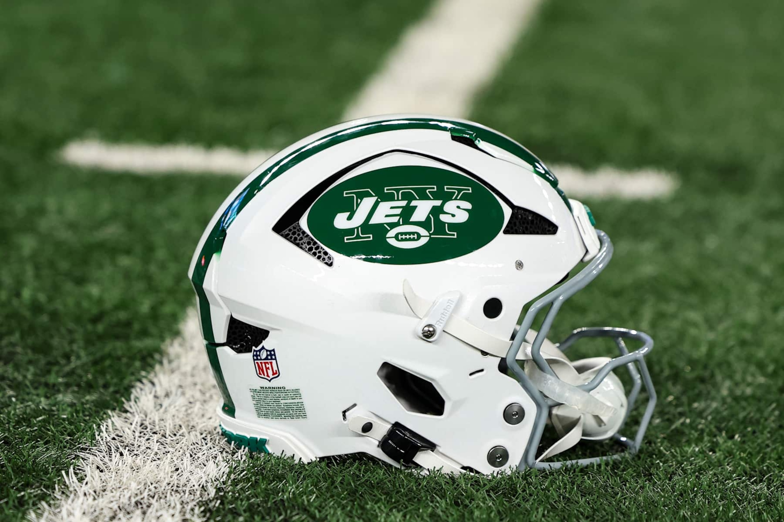 EAST RUTHERFORD, NJ - OCTOBER 14:  Detail view of an New York Jets helmet prior to an NFL football game between the Buffalo Bills and the New York Jets at MetLife Stadium on October 14, 2024 in East Rutherford, NJ. (Photo by Perry Knotts/Getty Images)