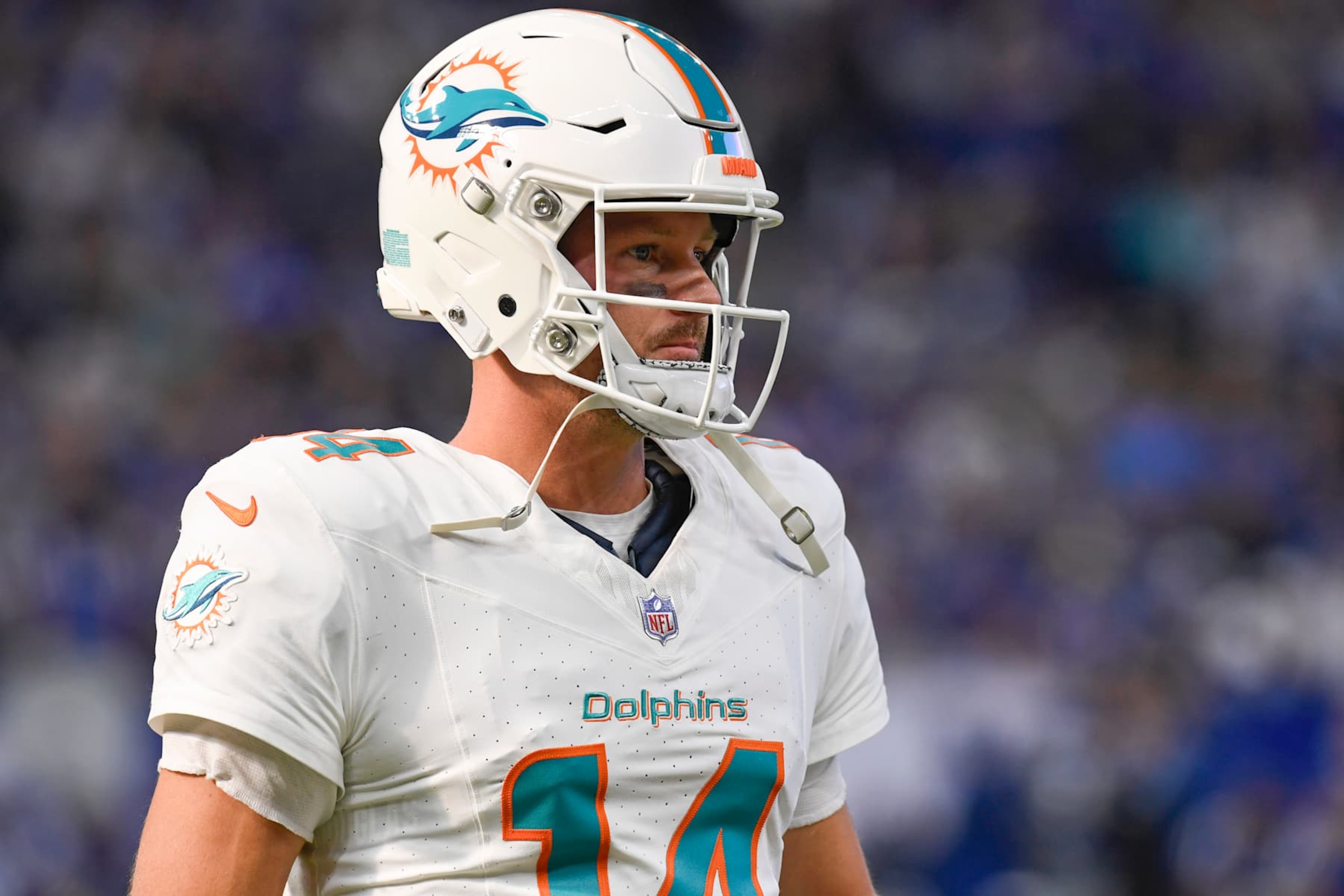 INDIANAPOLIS, IN - OCTOBER 20: Miami Dolphins Quarterback Tim Boyle (14) looks on during the NFL game between the Miami Dolphins and the Indianapolis Colts on October 20, 2024, at Lucas Oil Stadium in Indianapolis, Indiana.(Photo by Michael Allio/Icon Sportswire via Getty Images)