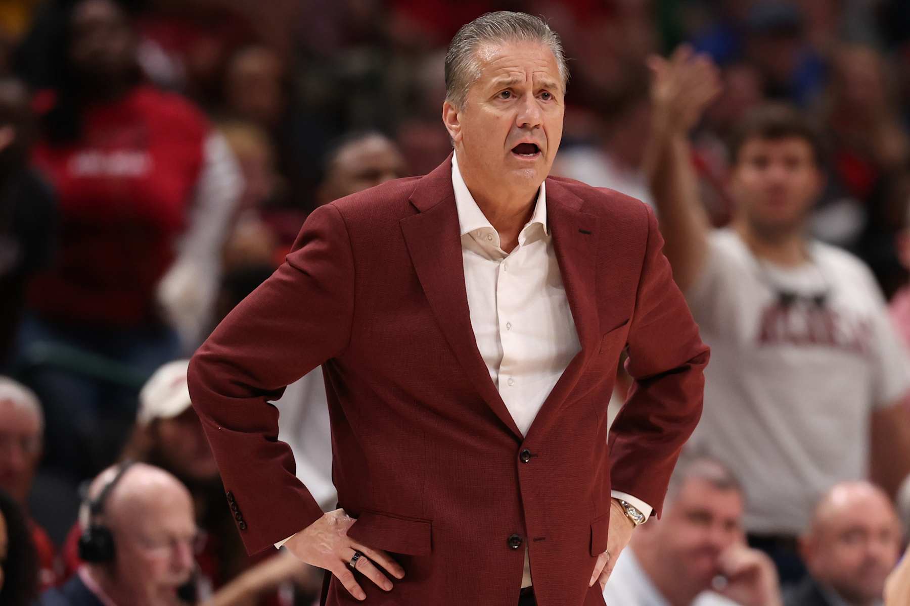 DALLAS, TEXAS - NOVEMBER 09: Head coach John Calipari of the Arkansas Razorbacks reacts during the first half against the Baylor Bears at American Airlines Center on November 09, 2024 in Dallas, Texas. (Photo by Sam Hodde/Getty Images)