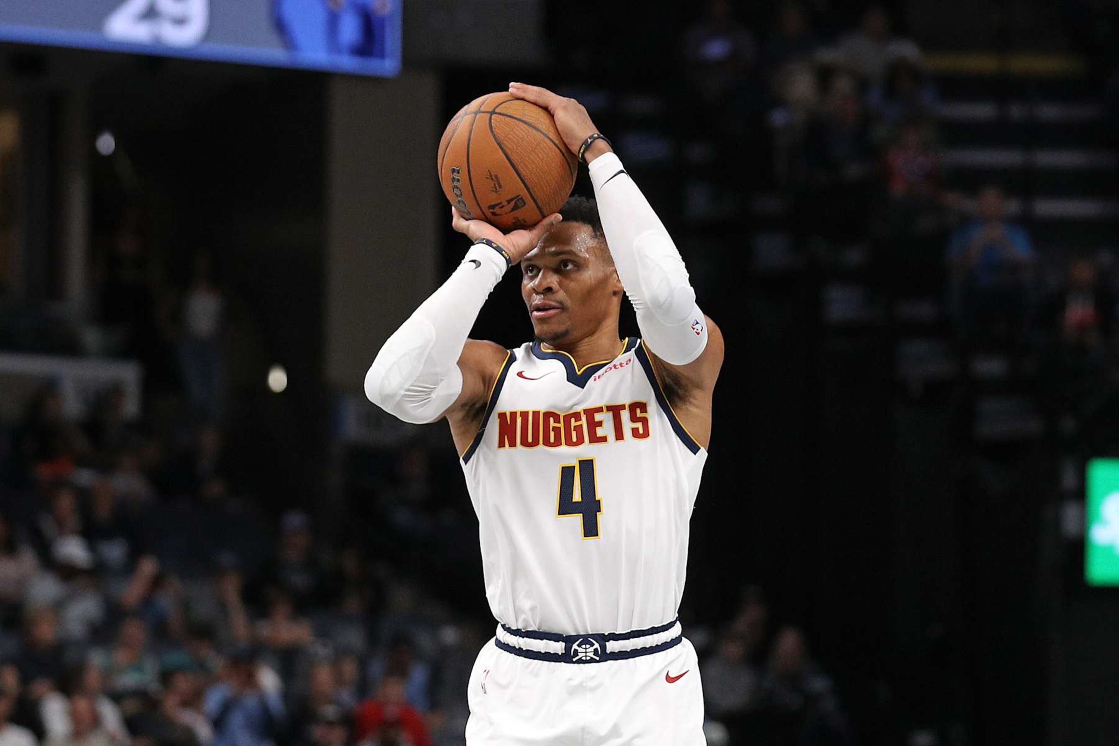 MEMPHIS, TENNESSEE - NOVEMBER 19: Russell Westbrook #4 of the Denver Nuggets takes a shot during the first half of the Emirates NBA Cup against the Memphis Grizzlies at FedExForum on November 19, 2024 in Memphis, Tennessee. NOTE TO USER: User expressly acknowledges and agrees that, by downloading and or using this photograph, User is consenting to the terms and conditions of the Getty Images License Agreement. (Photo by Justin Ford/Getty Images) MEMPHIS, TENNESSEE - NOVEMBER 19: Russell Westbrook #4 of the Denver Nuggets takes a shot during the first half of the Emirates NBA Cup against the Memphis Grizzlies at FedExForum on November 19, 2024 in Memphis, Tennessee. NOTE TO USER: User expressly acknowledges and agrees that, by downloading and or using this photograph, User is consenting to the terms and conditions of the Getty Images License Agreement. (Photo by Justin Ford/Getty Images)