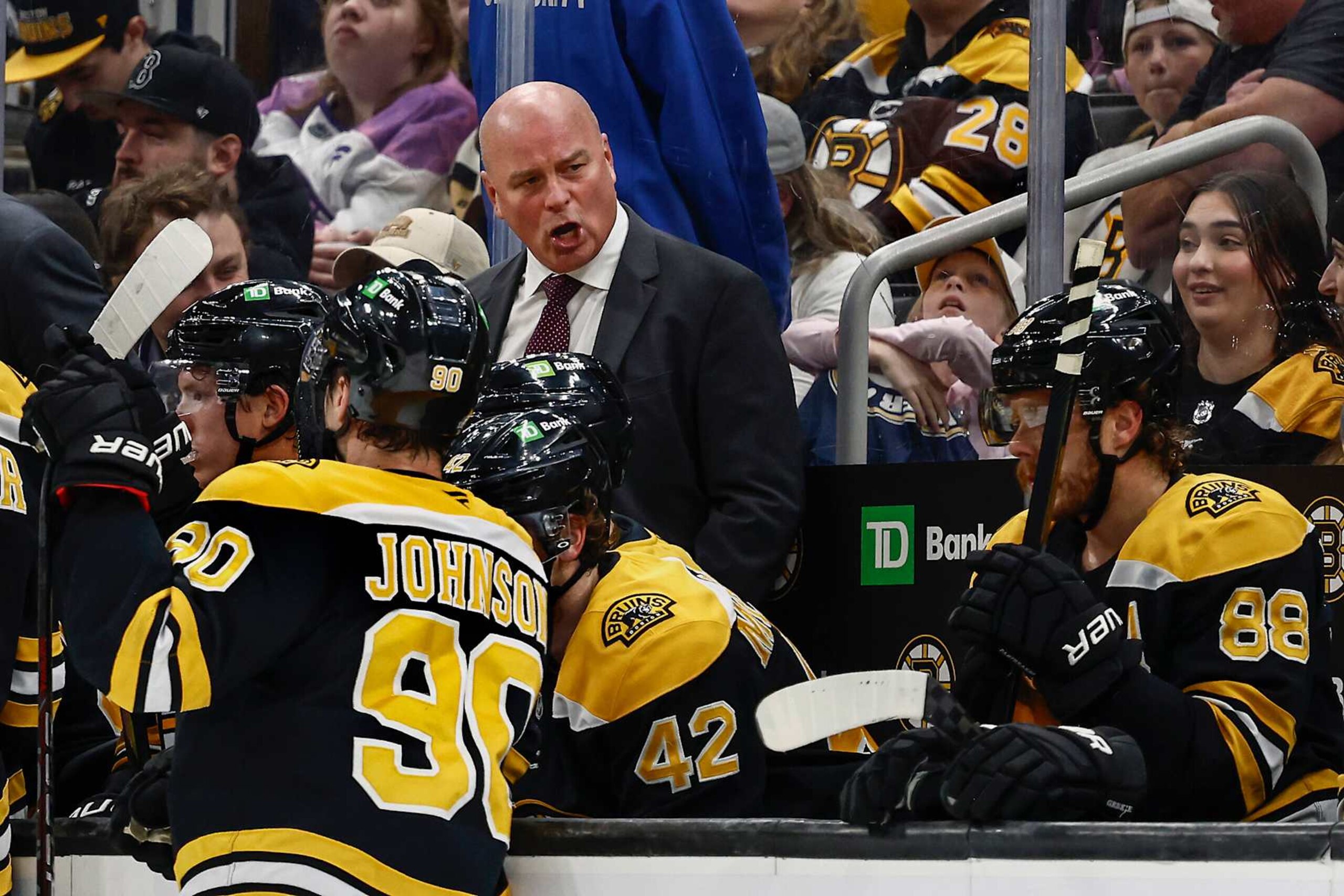BOSTON, MA - NOVEMBER 18: Head coach Jim Montgomery of the Boston Bruins shouts at his players during the third period of their 5-1 loss to the Columbus Blue Jackets at TD Garden on November 18, 2024 in Boston, Massachusetts. (Photo By Winslow Townson/Getty Images)