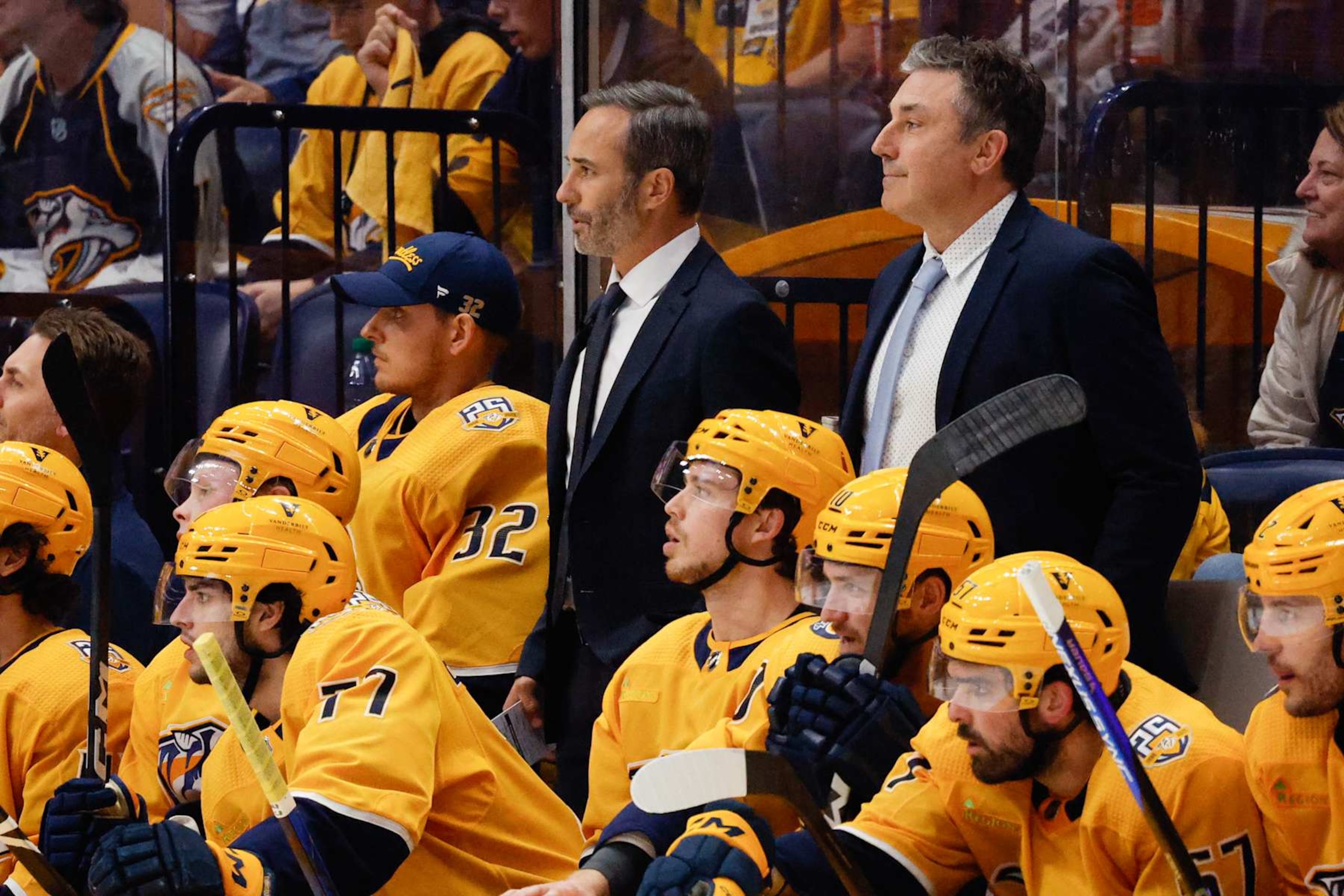 NASHVILLE, TENNESSEE - MAY 03: Head coach Andrew Brunette of the Nashville Predators looks on avanduring the second period in Game Six of the Western Conference First Round Playoffs at Bridgestone Arena on May 03, 2024 in Nashville, Tennessee.  (Photo by Brett Carlsen/Getty Images)