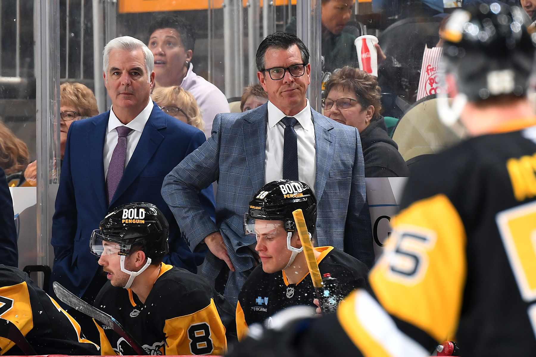 PITTSBURGH, PA - NOVEMBER 13:  Mike Sullivan of the Pittsburgh Penguins looks on against the Detroit Red Wings at PPG PAINTS Arena on November 13, 2024 in Pittsburgh, Pennsylvania. (Photo by Joe Sargent/NHLI via Getty Images)