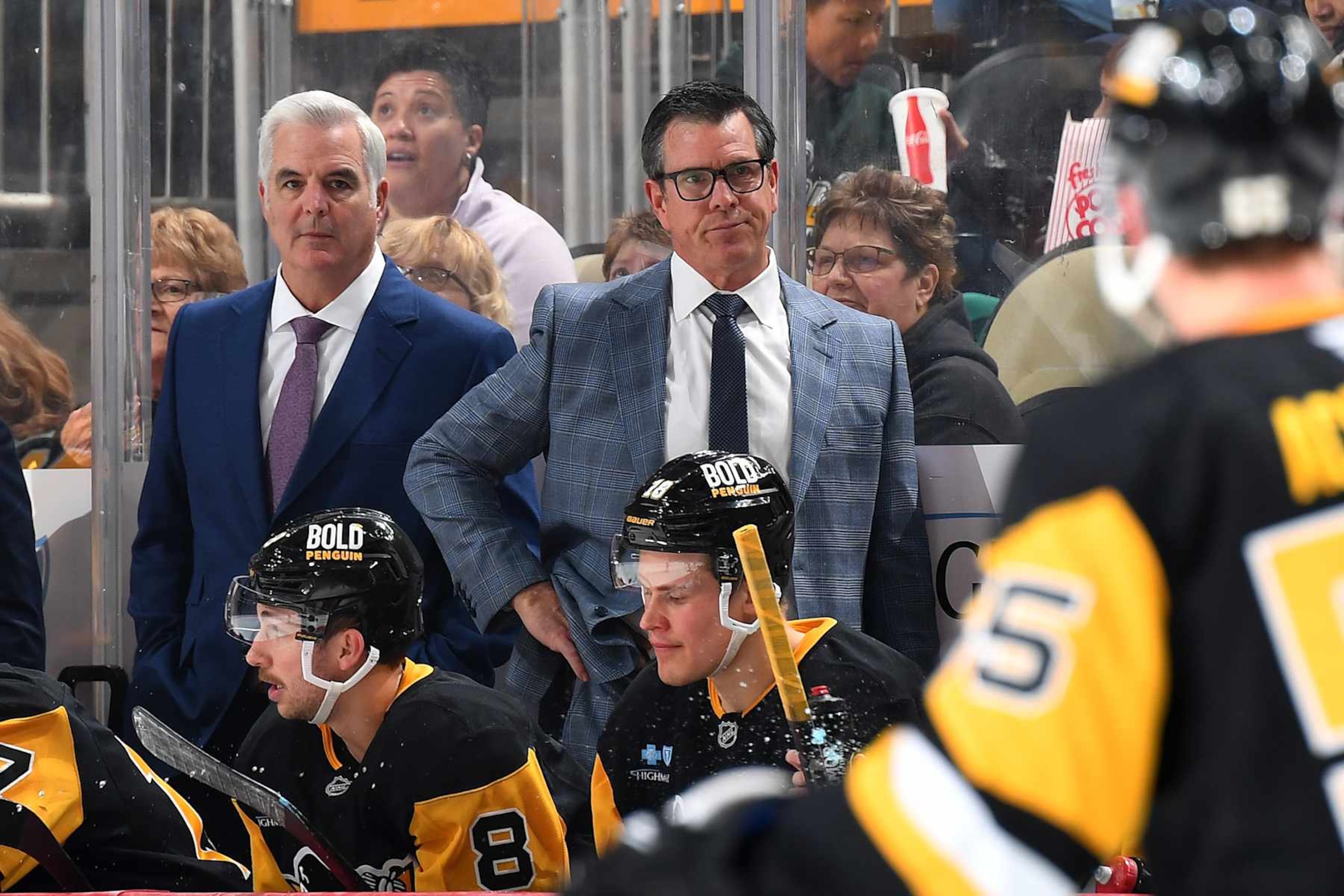 PITTSBURGH, PA - NOVEMBER 13:  Mike Sullivan of the Pittsburgh Penguins looks on against the Detroit Red Wings at PPG PAINTS Arena on November 13, 2024 in Pittsburgh, Pennsylvania. (Photo by Joe Sargent/NHLI via Getty Images)