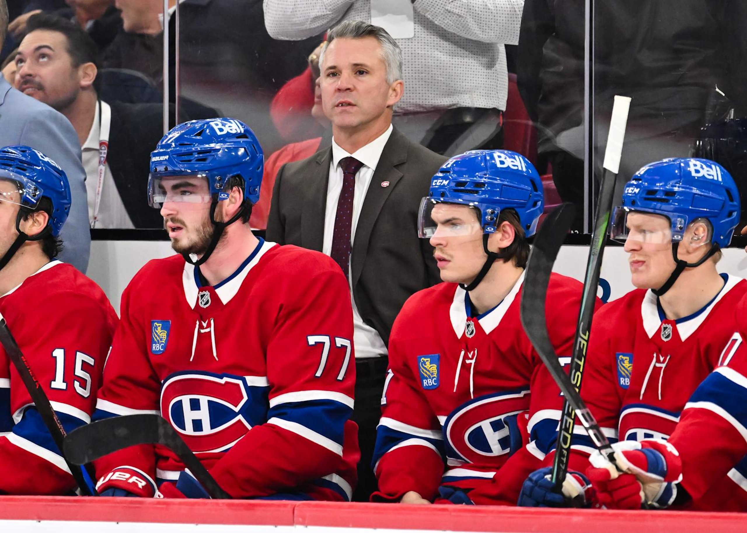 MONTREAL, CANADA - NOVEMBER 18:  Head coach Martin St. Louis of the Montreal Canadiens handles bench duties during the second period against the Edmonton Oilers at the Bell Centre on November 18, 2024 in Montreal, Quebec, Canada.  The Montreal Canadiens defeated the Edmonton Oilers 3-0.  (Photo by Minas Panagiotakis/Getty Images)