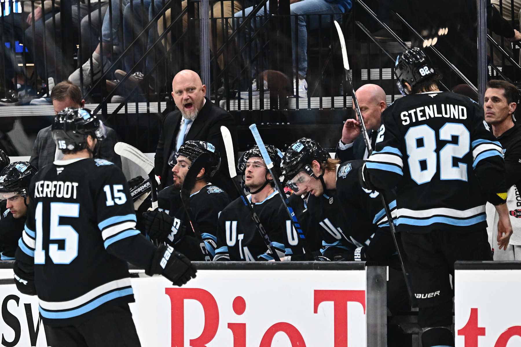 SALT LAKE CITY, UTAH - OCTOBER 24: Head Coach Andre Tourigny of the Utah Hockey Club talks to his players during the third period of a game against the Colorado Avalanche on October 24, 2024 at Delta Center in Salt Lake City, Utah. (Photo by Jamie Sabau/NHLI via Getty Images)