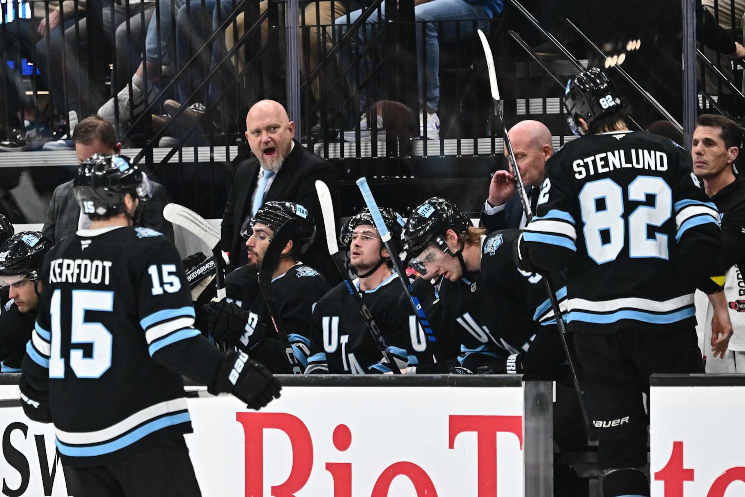 SALT LAKE CITY, UTAH - OCTOBER 24: Head Coach Andre Tourigny of the Utah Hockey Club talks to his players during the third period of a game against the Colorado Avalanche on October 24, 2024 at Delta Center in Salt Lake City, Utah. (Photo by Jamie Sabau/NHLI via Getty Images)