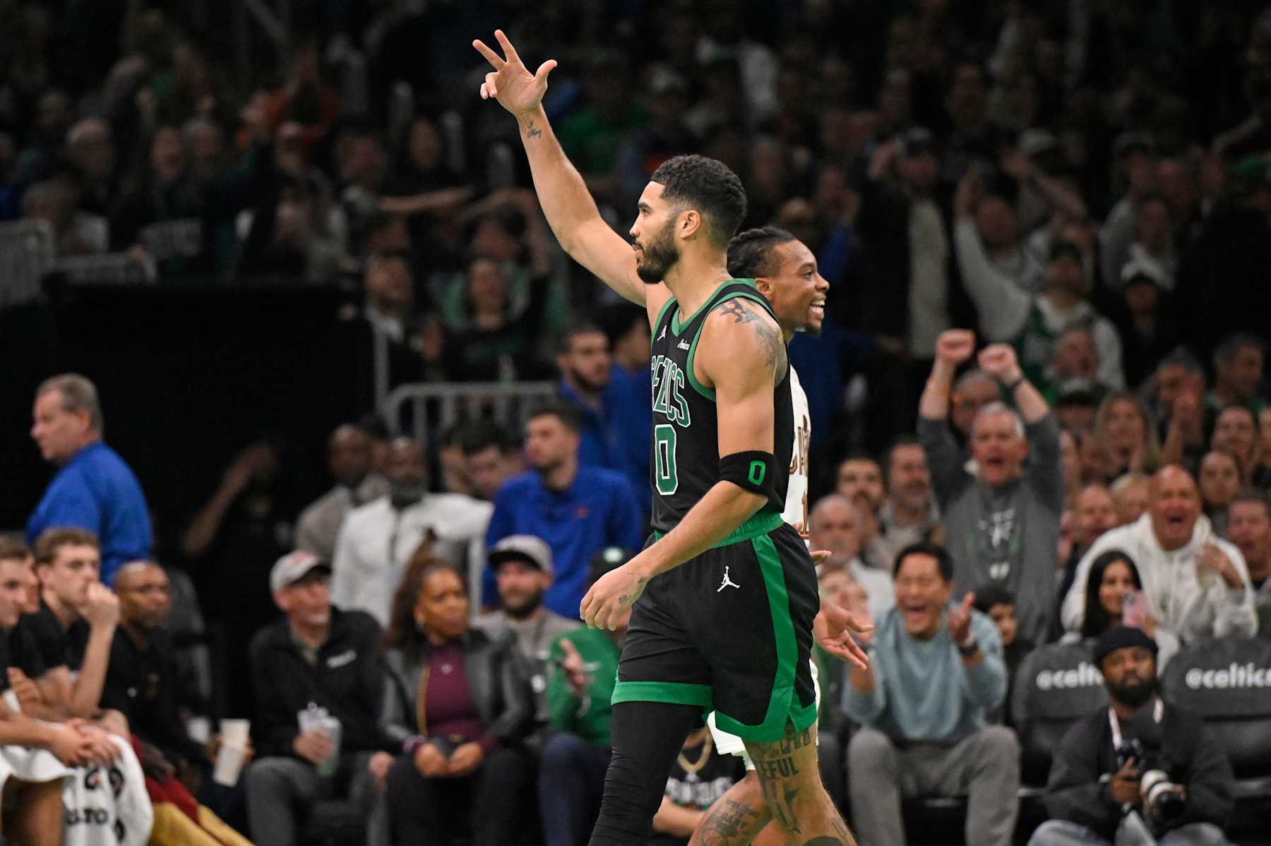 BOSTON, MA - NOVEMBER 19: Jayson Tatum #0 of the Boston Celtics celebrates during the game against the Cleveland Cavaliers during the Emirates NBA Cup game on November 19, 2024 at TD Garden in Boston, Massachusetts. NOTE TO USER: User expressly acknowledges and agrees that, by downloading and/or using this Photograph, user is consenting to the terms and conditions of the Getty Images License Agreement. Mandatory Copyright Notice: Copyright 2024 NBAE (Photo by David Dow/NBAE via Getty Images)