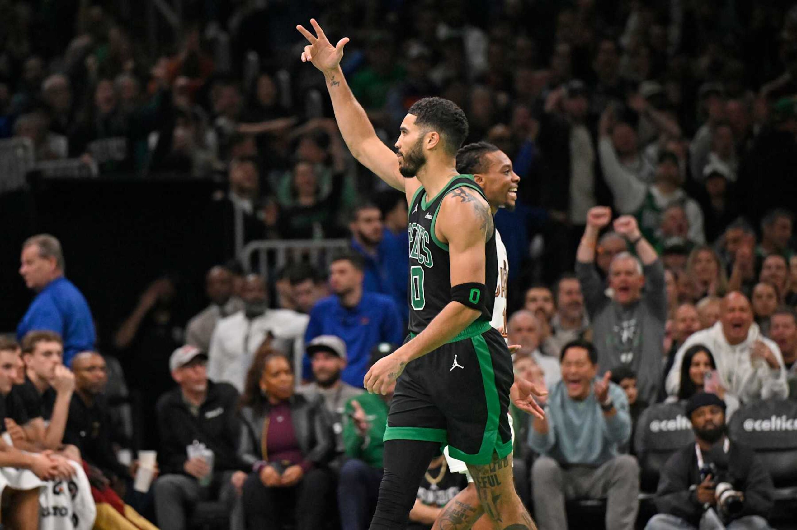 BOSTON, MA - NOVEMBER 19: Jayson Tatum #0 of the Boston Celtics celebrates during the game against the Cleveland Cavaliers during the Emirates NBA Cup game on November 19, 2024 at TD Garden in Boston, Massachusetts. NOTE TO USER: User expressly acknowledges and agrees that, by downloading and/or using this Photograph, user is consenting to the terms and conditions of the Getty Images License Agreement. Mandatory Copyright Notice: Copyright 2024 NBAE (Photo by David Dow/NBAE via Getty Images)
