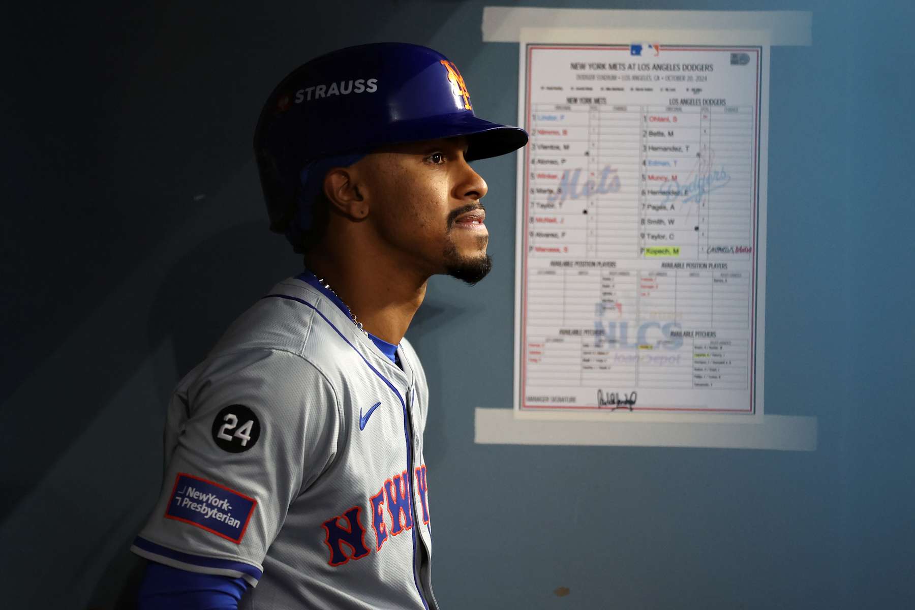 LOS ANGELES, CALIFORNIA - OCTOBER 20: Francisco Lindor #12 of the New York Mets watches from the dugout during the 3rd inning of Game Six of the National League Championship Series against the Los Angeles Dodgers at Dodger Stadium on October 20, 2024 in Los Angeles, California. (Photo by Harry How/Getty Images) LOS ANGELES, CALIFORNIA - OCTOBER 20: Francisco Lindor #12 of the New York Mets watches from the dugout during the 3rd inning of Game Six of the National League Championship Series against the Los Angeles Dodgers at Dodger Stadium on October 20, 2024 in Los Angeles, California. (Photo by Harry How/Getty Images)