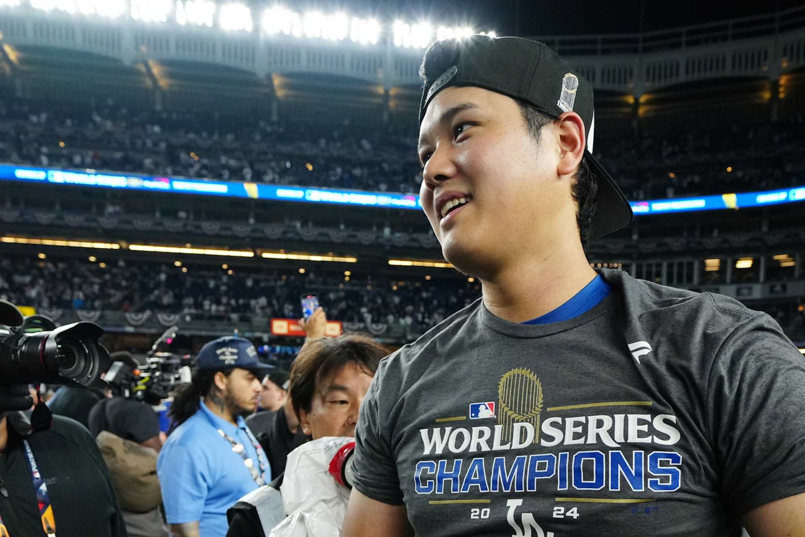 NEW YORK, NY - OCTOBER 30: Shohei Ohtani #17 of the Los Angeles Dodgers celebrates on field after winning during Game 5 of the 2024 World Series presented by Capital One between the Los Angeles Dodgers and the New York Yankees at Yankee Stadium on Wednesday, October 30, 2024 in New York, New York. (Photo by Daniel Shirey/MLB Photos via Getty Images)