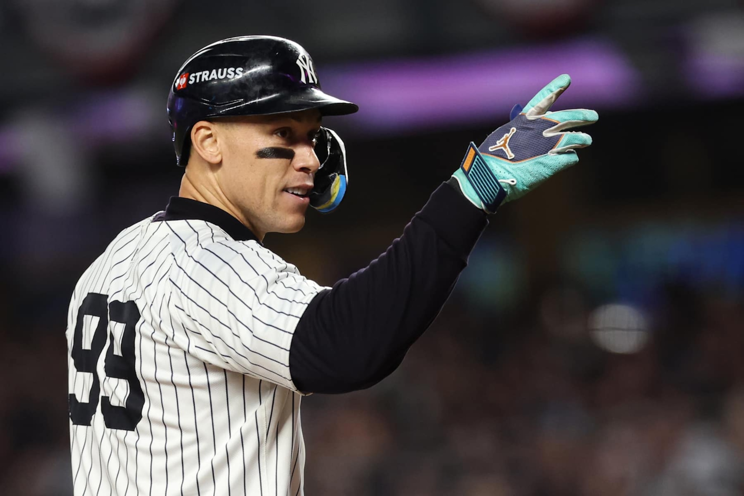 NEW YORK, NY - OCTOBER 30:  Aaron Judge #99 of the New York Yankees reacts after hitting a two-run home run in the first inning of Game 5 of the 2024 World Series presented by Capital One between the Los Angeles Dodgers and the New York Yankees at Yankee Stadium on Wednesday, October 30, 2024 in New York, New York. (Photo by Rob Tringali/MLB Photos via Getty Images)