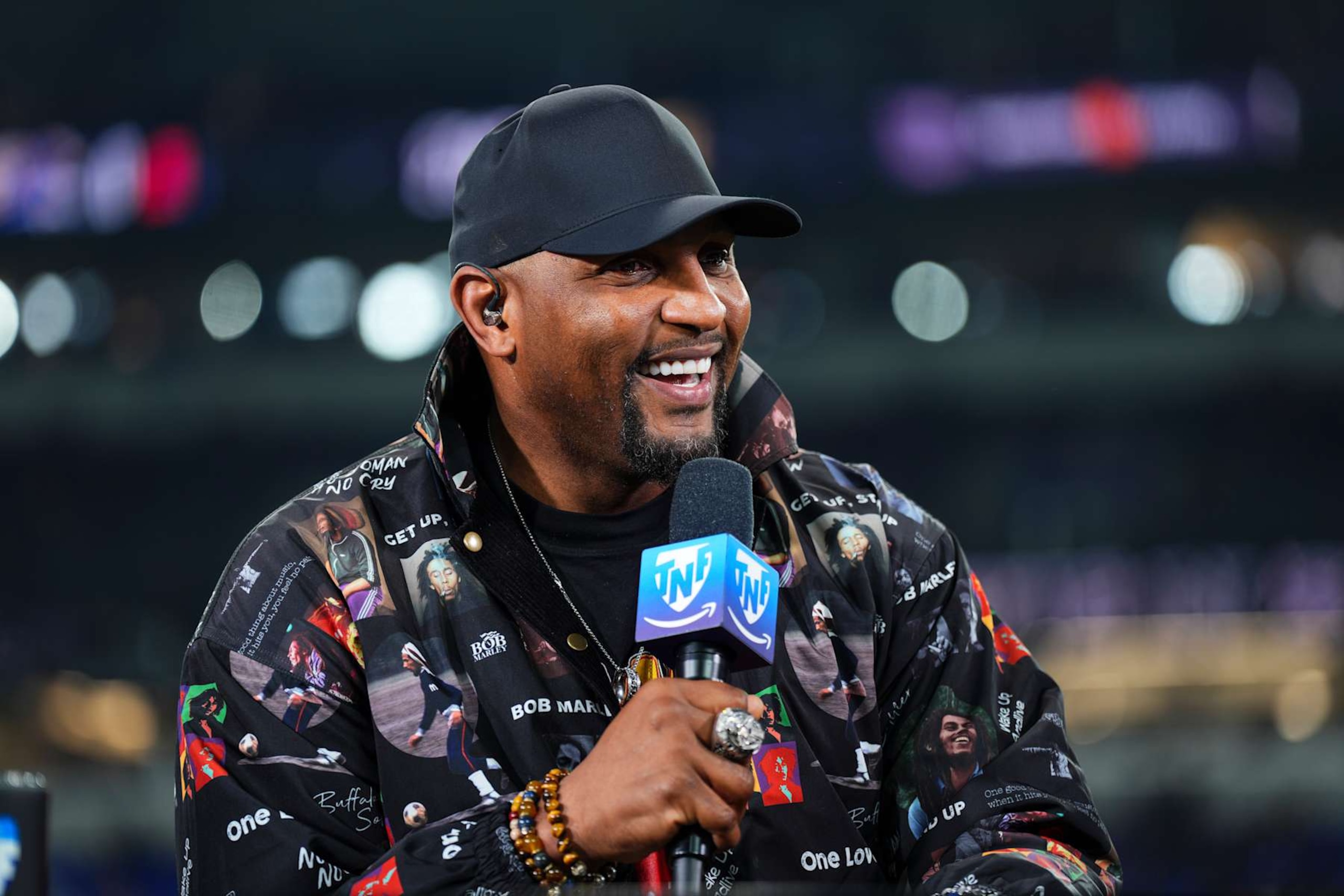 BALTIMORE, MD - NOVEMBER 16:  Former NFL player Ray Lewis visits on set of the Amazon Prime pregame show prior to an NFL football game between the Cincinnati Bengals and the Baltimore Ravens at M&T Bank Stadium on November 16, 2023 in Baltimore, Maryland. (Photo by Cooper Neill/Getty Images)
