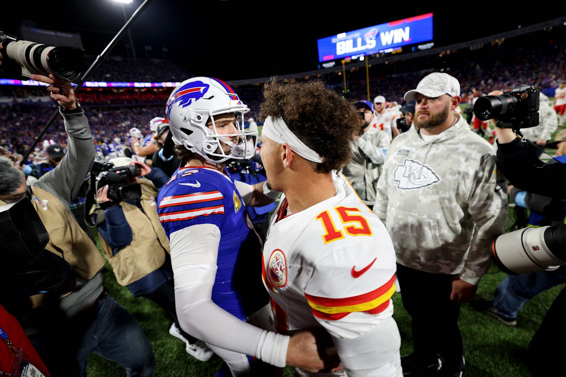 ORCHARD PARK, NEW YORK - NOVEMBER 17: Josh Allen #17 of the Buffalo Bills greets Patrick Mahomes #15 of the Kansas City Chiefs after defeating the Kansas City Chiefs 30-21 at Highmark Stadium on November 17, 2024 in Orchard Park, New York. (Photo by Bryan M. Bennett/Getty Images)