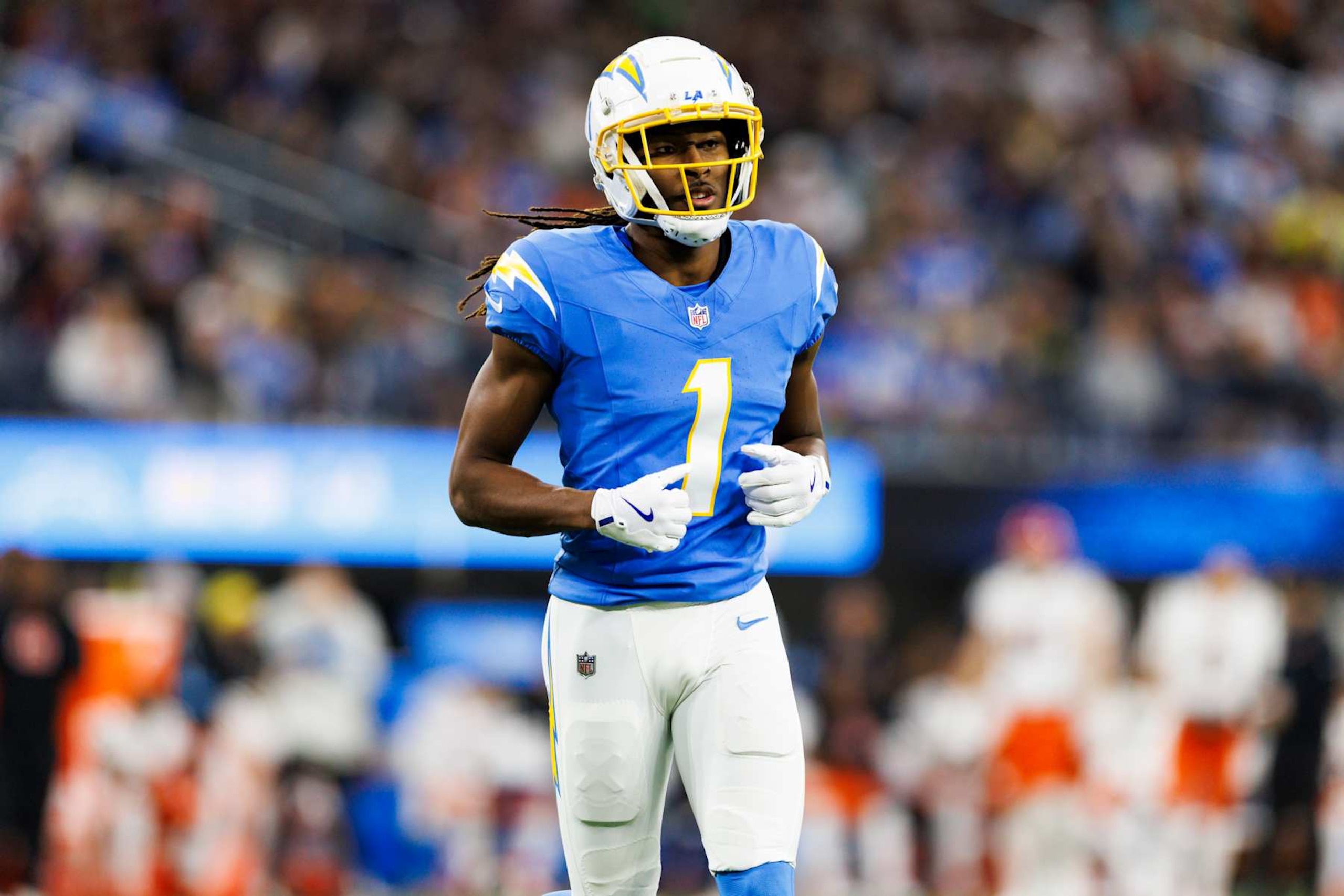 INGLEWOOD, CALIFORNIA - NOVEMBER 17: Quentin Johnston #1 of the Los Angeles Chargers runs a route during the first half against the Cincinnati Bengals at SoFi Stadium on November 17, 2024 in Inglewood, California. (Photo by Ric Tapia/Getty Images)