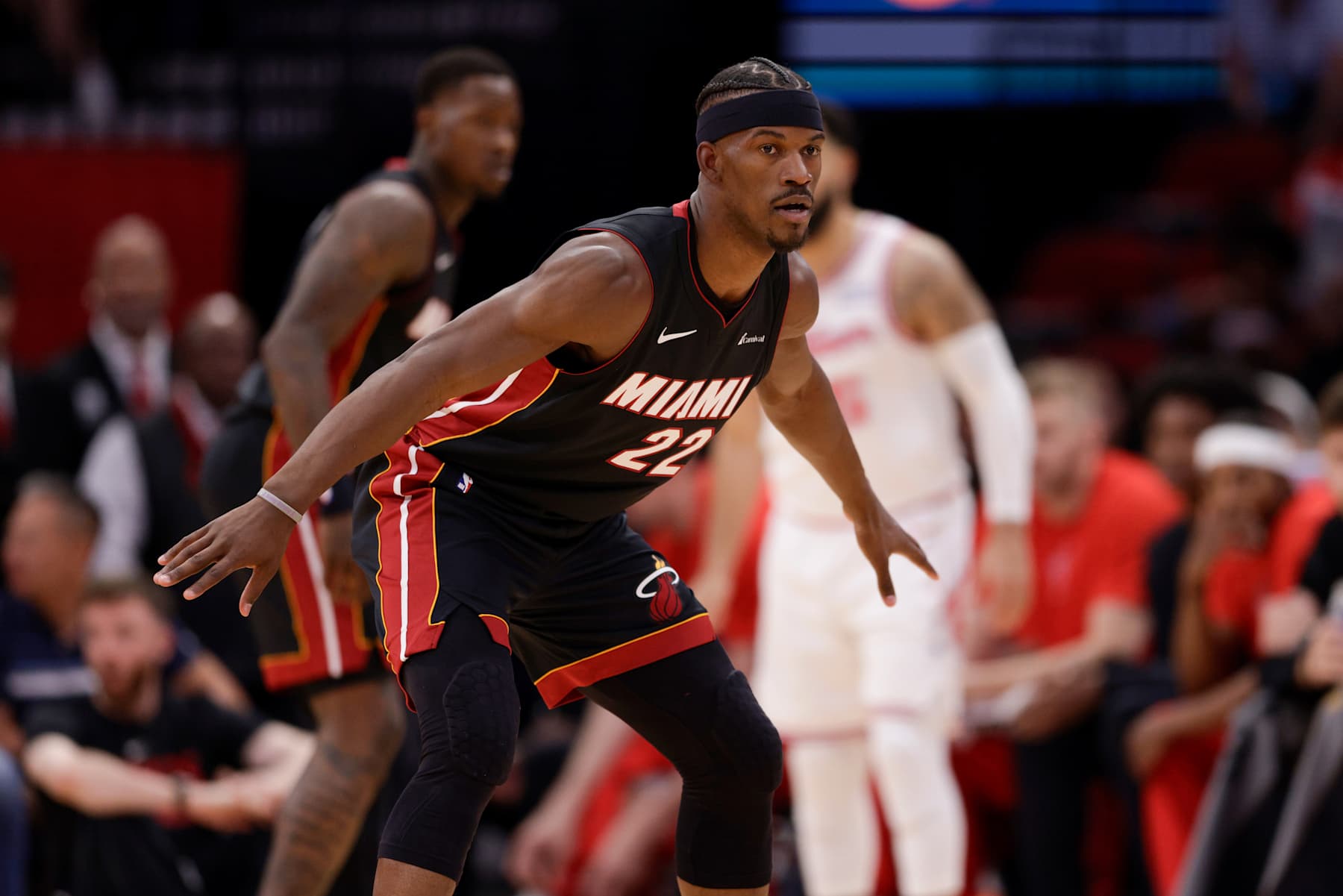 HOUSTON, TEXAS - APRIL 05: Jimmy Butler #22 of the Miami Heat defends in the first half against the Houston Rockets at Toyota Center on April 05, 2024 in Houston, Texas.  NOTE TO USER: User expressly acknowledges and agrees that, by downloading and or using this photograph, User is consenting to the terms and conditions of the Getty Images License Agreement. (Photo by Tim Warner/Getty Images)