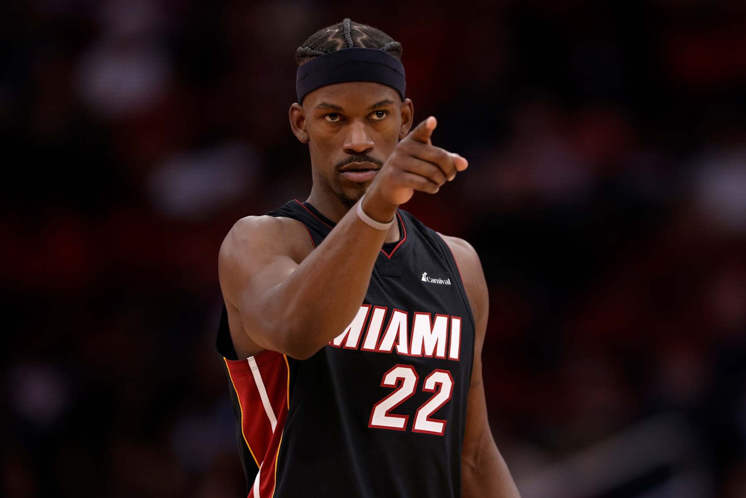HOUSTON, TEXAS - APRIL 05: Jimmy Butler #22 of the Miami Heat reacts in the first half against the Houston Rockets at Toyota Center on April 05, 2024 in Houston, Texas.  NOTE TO USER: User expressly acknowledges and agrees that, by downloading and or using this photograph, User is consenting to the terms and conditions of the Getty Images License Agreement. (Photo by Tim Warner/Getty Images)