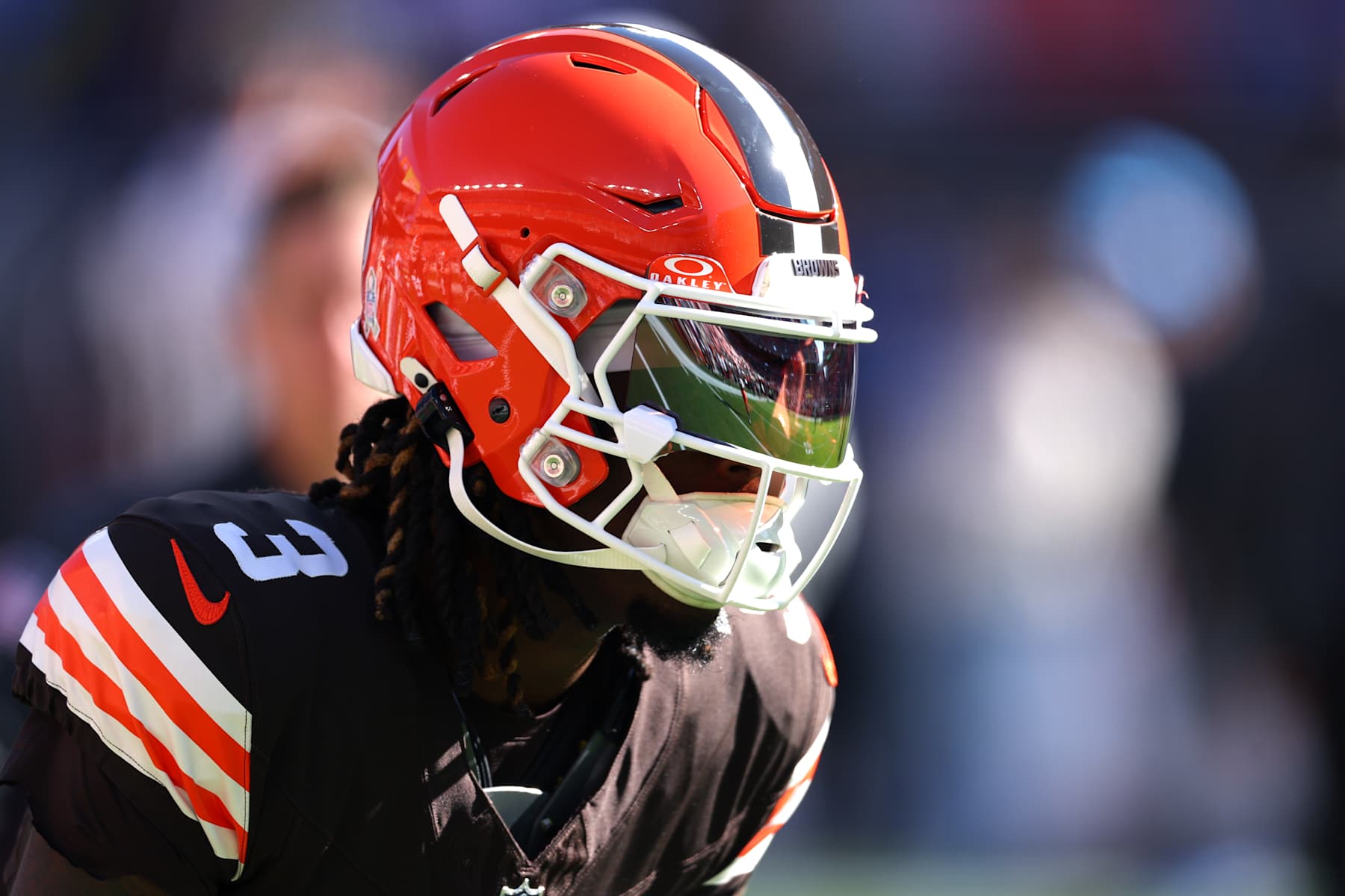 CLEVELAND, OHIO - NOVEMBER 03: Jerry Jeudy #3 of the Cleveland Browns looks on prior to a game against the Los Angeles Chargers at Huntington Bank Field on November 03, 2024 in Cleveland, Ohio. (Photo by Gregory Shamus/Getty Images)
