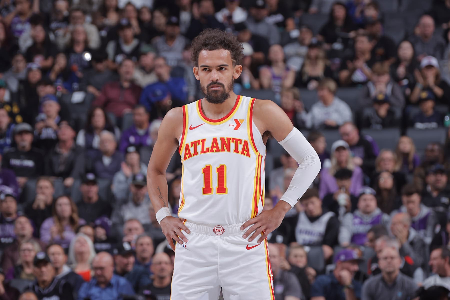 SACRAMENTO, CA - NOVEMBER 18: Trae Young #11 of the Atlanta Hawks looks on during the game against the Sacramento Kings on November 18, 2024 at Golden 1 Center in Sacramento, California. NOTE TO USER: User expressly acknowledges and agrees that, by downloading and or using this Photograph, user is consenting to the terms and conditions of the Getty Images License Agreement. Mandatory Copyright Notice: Copyright 2024 NBAE (Photo by Rocky Widner/NBAE via Getty Images)